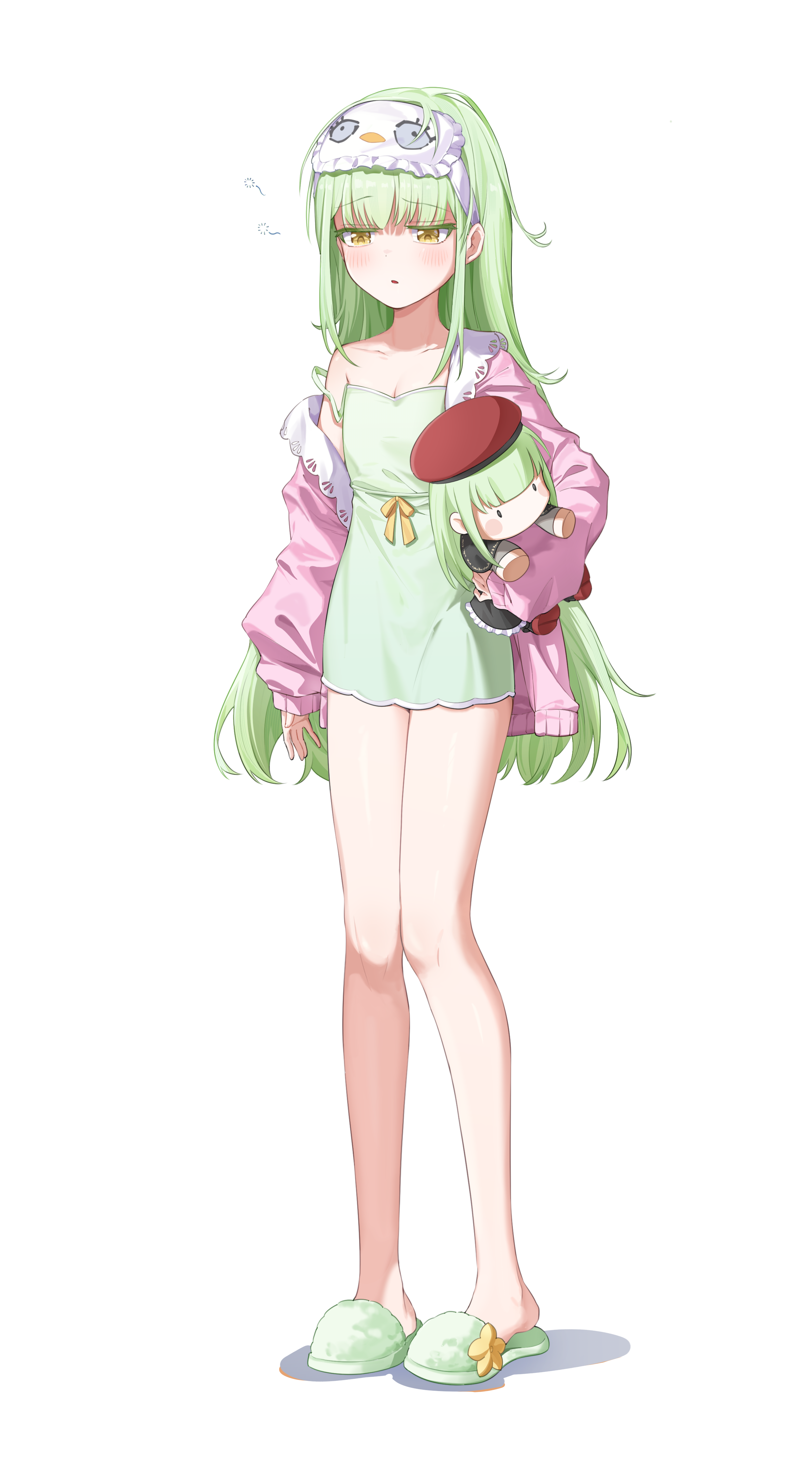 yzj21333, mortis (bang dream!), mortis (costume) (bang dream!), wakaba mutsumi, wakaba mutsumi (doll), bang dream!, bang dream! it's mygo!!!!!, absurdres, commentary, highres, 1girl, breasts, cleavage, dated commentary, dress, flat chest, green dress, green hair, jacket, long hair, open clothes, open jacket, pink jacket, simple background, sleep mask, sleepy, slippers, solo, white background