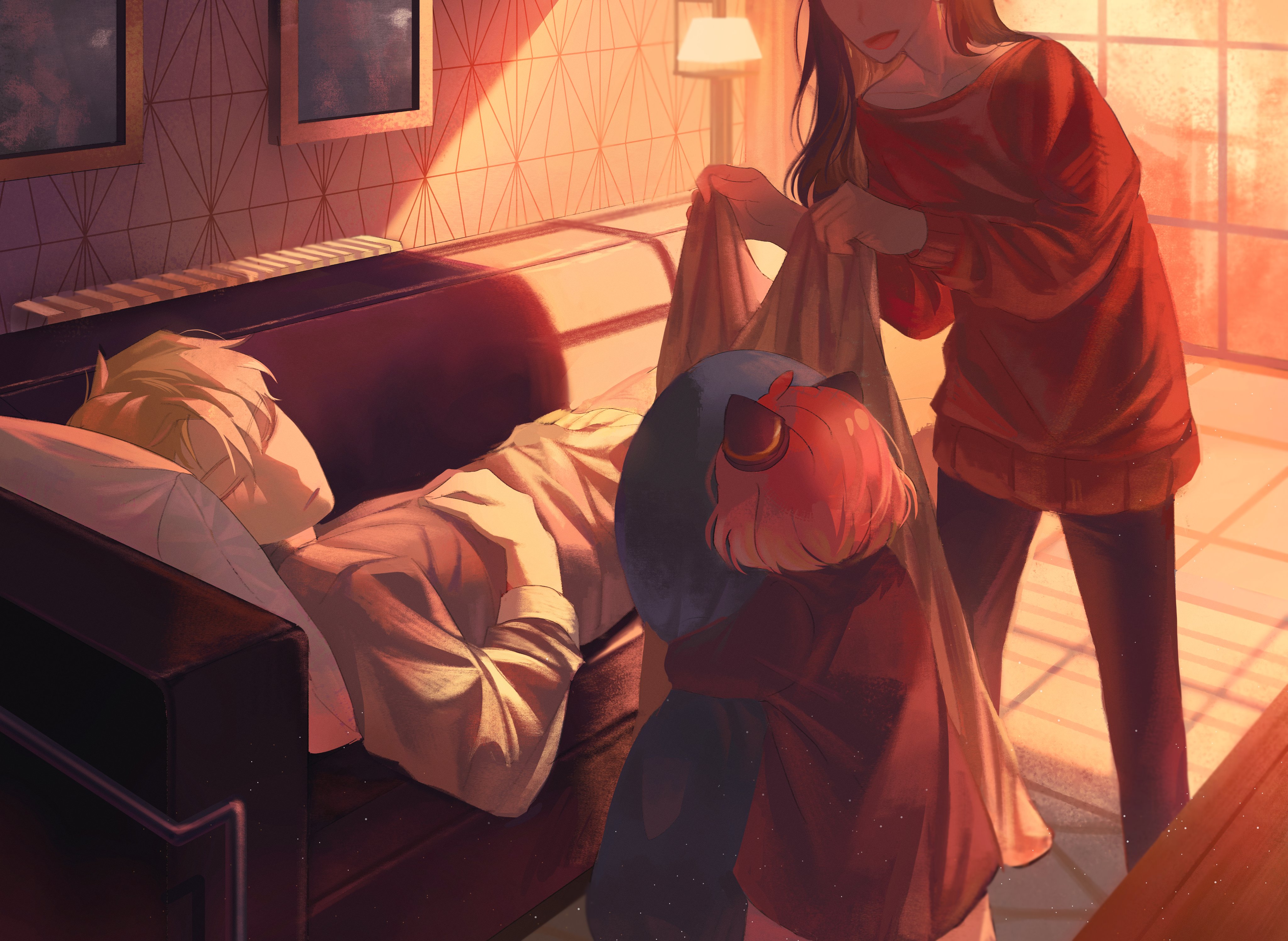 jjhoa, anya (spy x family), twilight (spy x family), yor briar, spy x family, absurdres, commentary, highres, 1boy, 2girls, black hair, blonde hair, closed eyes, family, hairpods, holding, indoors, long hair, lying, multiple girls, on back, pink hair, red sweater, short hair, sleeping, smile, sweater, warm colored