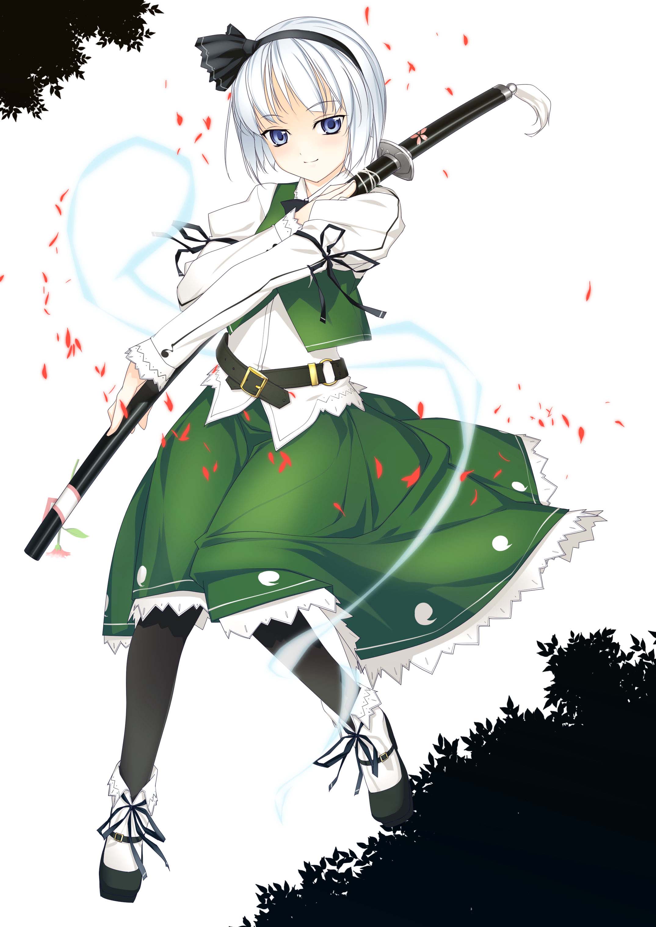 rokuwata tomoe, konpaku youmu, konpaku youmu (ghost), touhou, absurdres, highres, non-web source, 1girl, black hairband, female focus, hairband, hitodama, katana, pantyhose, petals, ribbon, sheath, sheathed, short hair, skirt, solo, sword, weapon, white hair