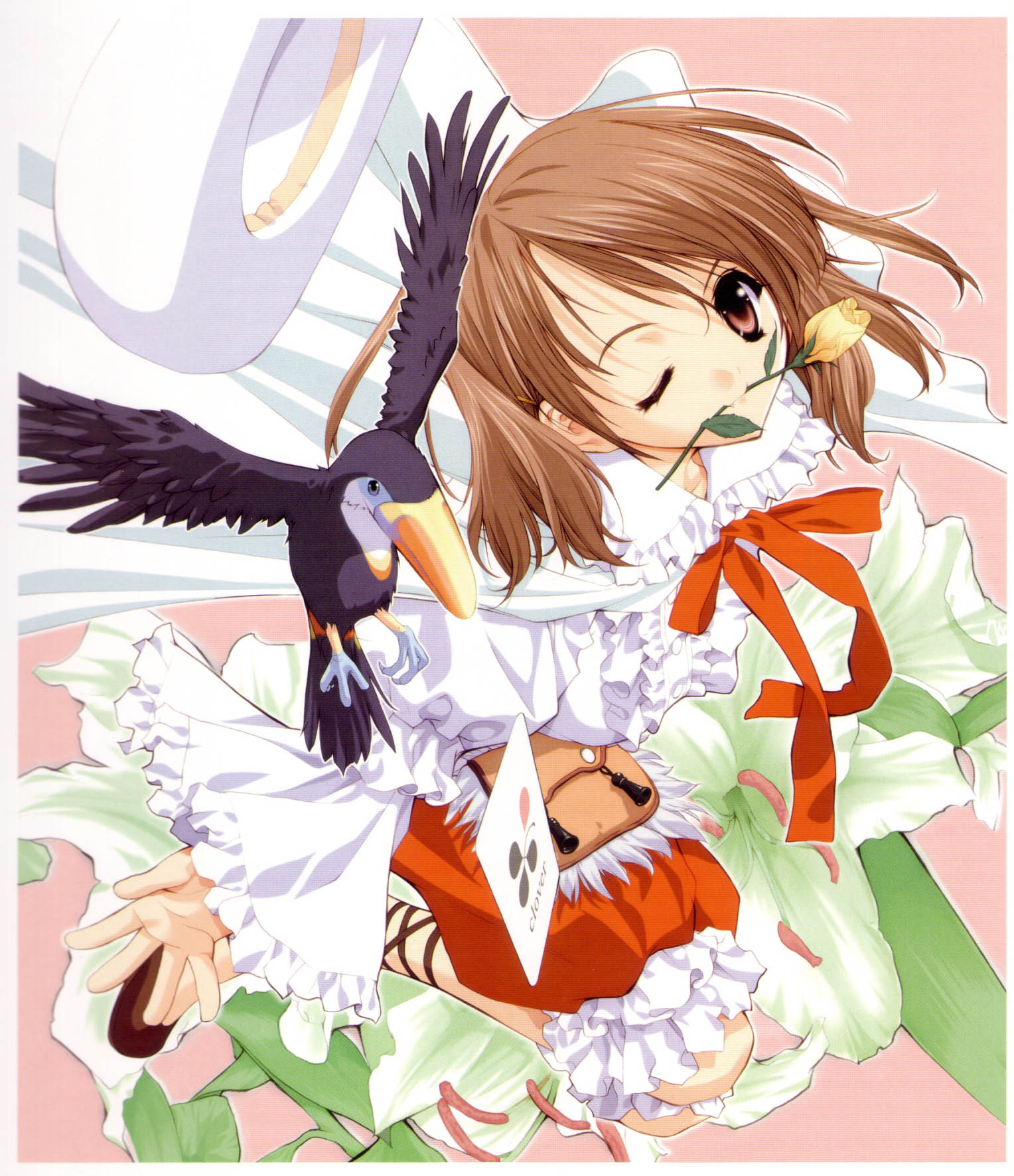 sakuya (sister princess), yotsuba (sister princess), sister princess, highres, scan, 00s, 1girl, bird, brown hair, dress, fang, female focus, flower, flower in mouth, frills, hat, lily (flower), mouth hold, neck ribbon, one eye closed, ribbon, solo, unworn hat, unworn headwear, wink