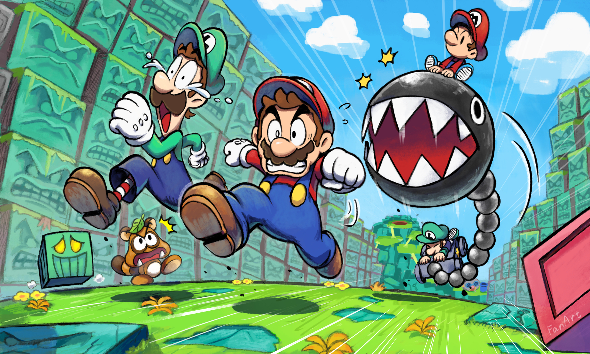 yamari (ya mari 6363), baby luigi, baby mario, chain chomp, goomba, luigi, mario, mario & luigi: partners in time, mario & luigi rpg, mario (series), nintendo, highres, 4boys, baby, blue overalls, brown hair, brown shoes, buttons, closed eyes, cloud, creature, crying, crying with eyes open, full body, gloves, hat, monster, multiple boys, outdoors, overalls, red hat, running, shoes, short hair, socks, striped clothes, striped socks, tears, white gloves