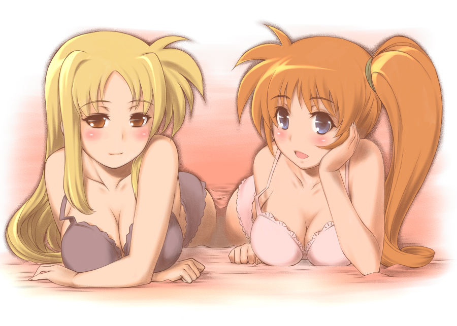 seki suzume, fate testarossa, takamachi nanoha, lyrical nanoha, mahou shoujo lyrical nanoha, mahou shoujo lyrical nanoha strikers, 00s, 2girls, bra, lingerie, lying, multiple girls, on stomach, panties, underwear