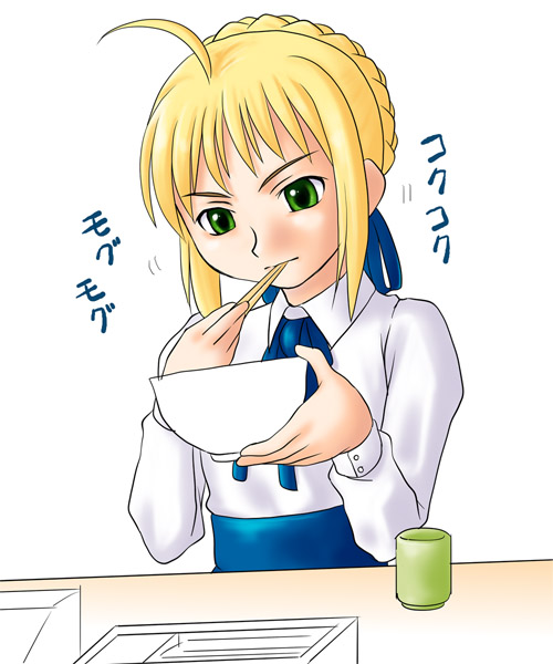 houman, artoria pendragon (fate), saber (fate), fate/stay night, fate (series), tagme, 00s, ahoge, eating