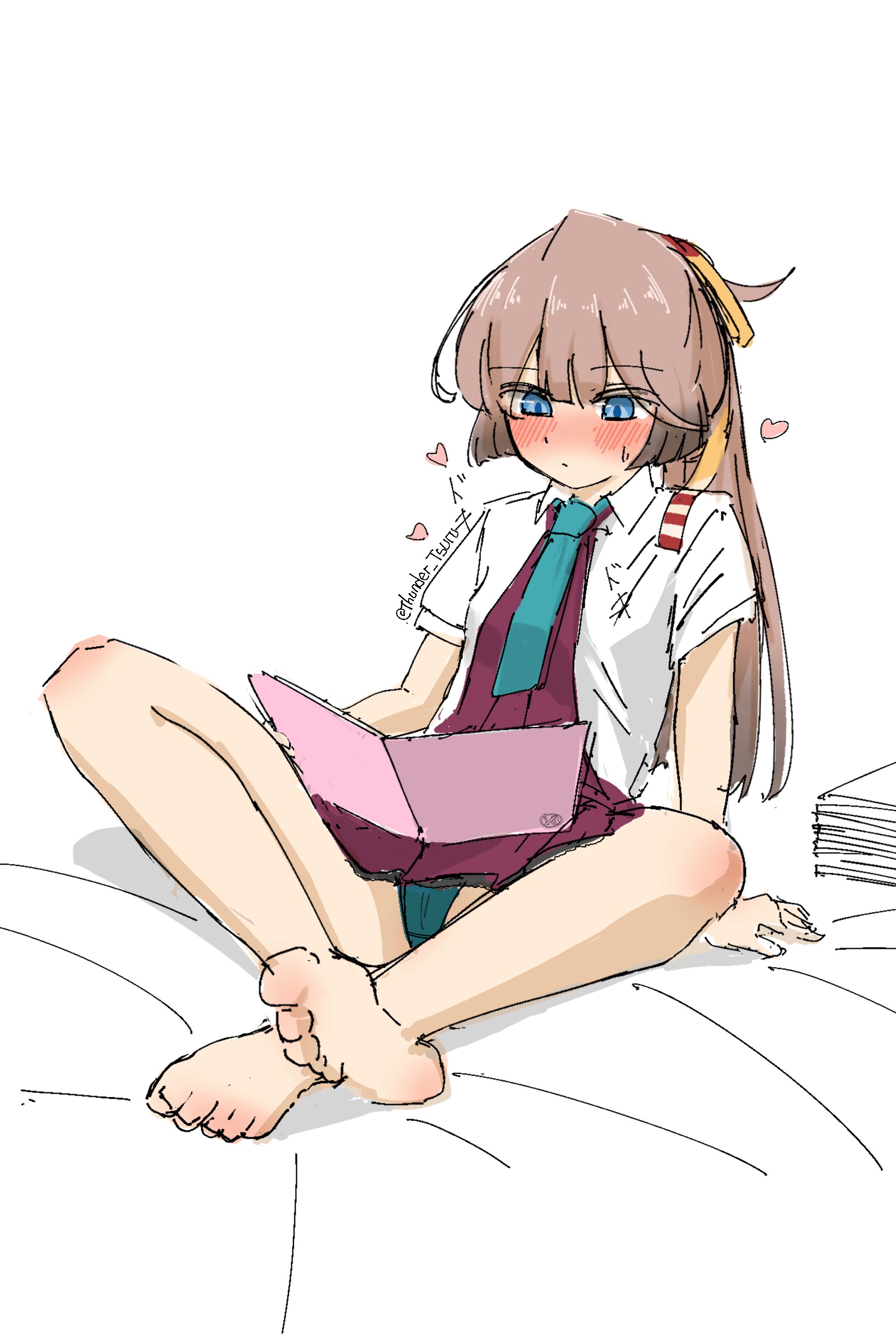 tsuru (thunder tsuru), kazagumo (kancolle), kantai collection, absurdres, highres, 1girl, adapted costume, aqua necktie, blue eyes, blush, book, brown hair, collared shirt, dress, dress shirt, green panties, hair ribbon, halter dress, halterneck, indian style, long hair, necktie, nose blush, panties, ponytail, purple dress, reading, ribbon, shirt, short sleeves, simple background, sitting, solo, underwear, white background, white shirt