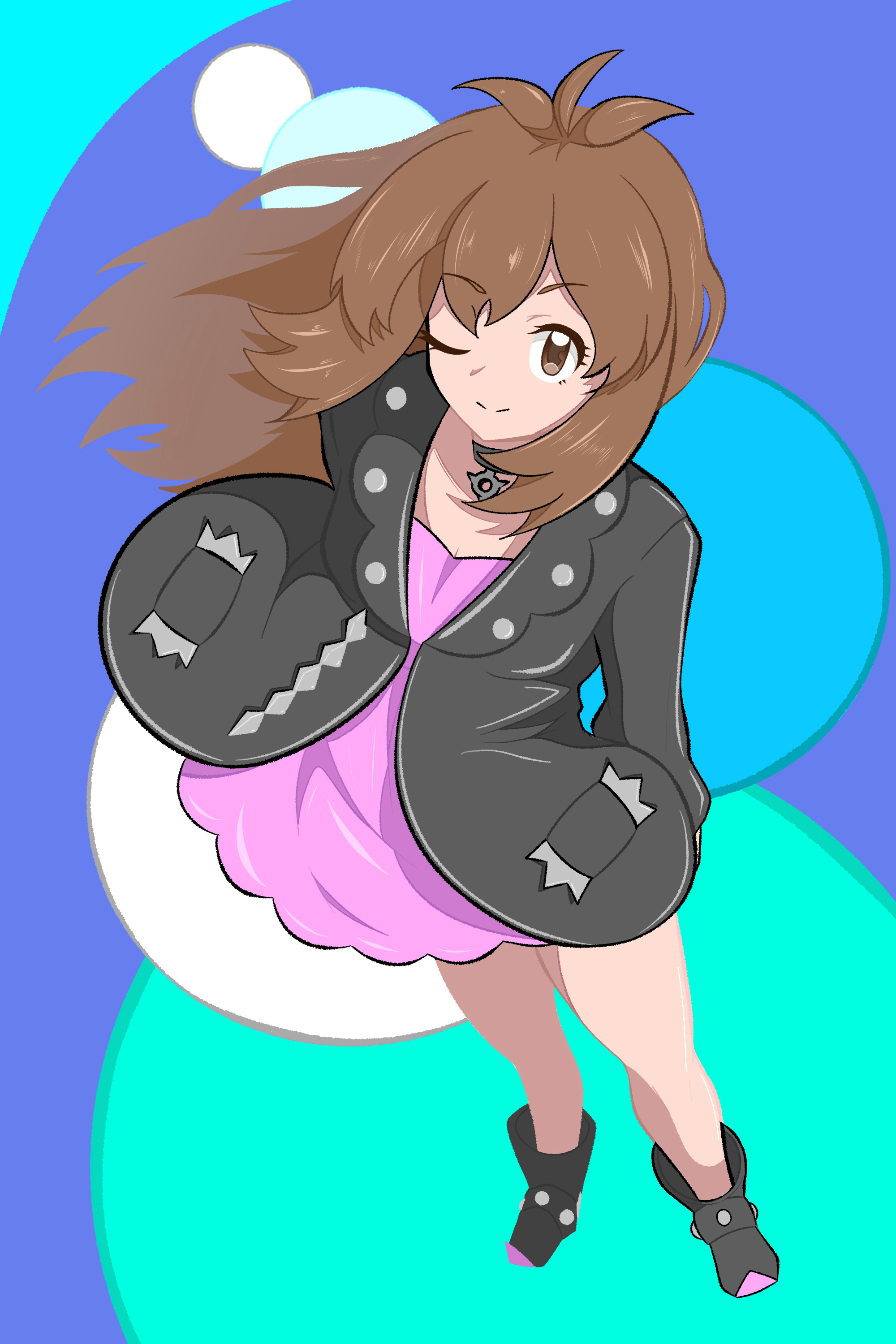 bayasi, leaf (pokemon), marnie (pokemon), nintendo, pokemon, pokemon frlg, pokemon swsh, absurdres, commentary request, highres, 1girl, ;), black boots, black jacket, boots, brown eyes, brown hair, closed mouth, cosplay, dress, eyelashes, full body, jacket, long hair, marnie (pokemon) (cosplay), one eye closed, purple dress, smile, solo, split mouth, standing