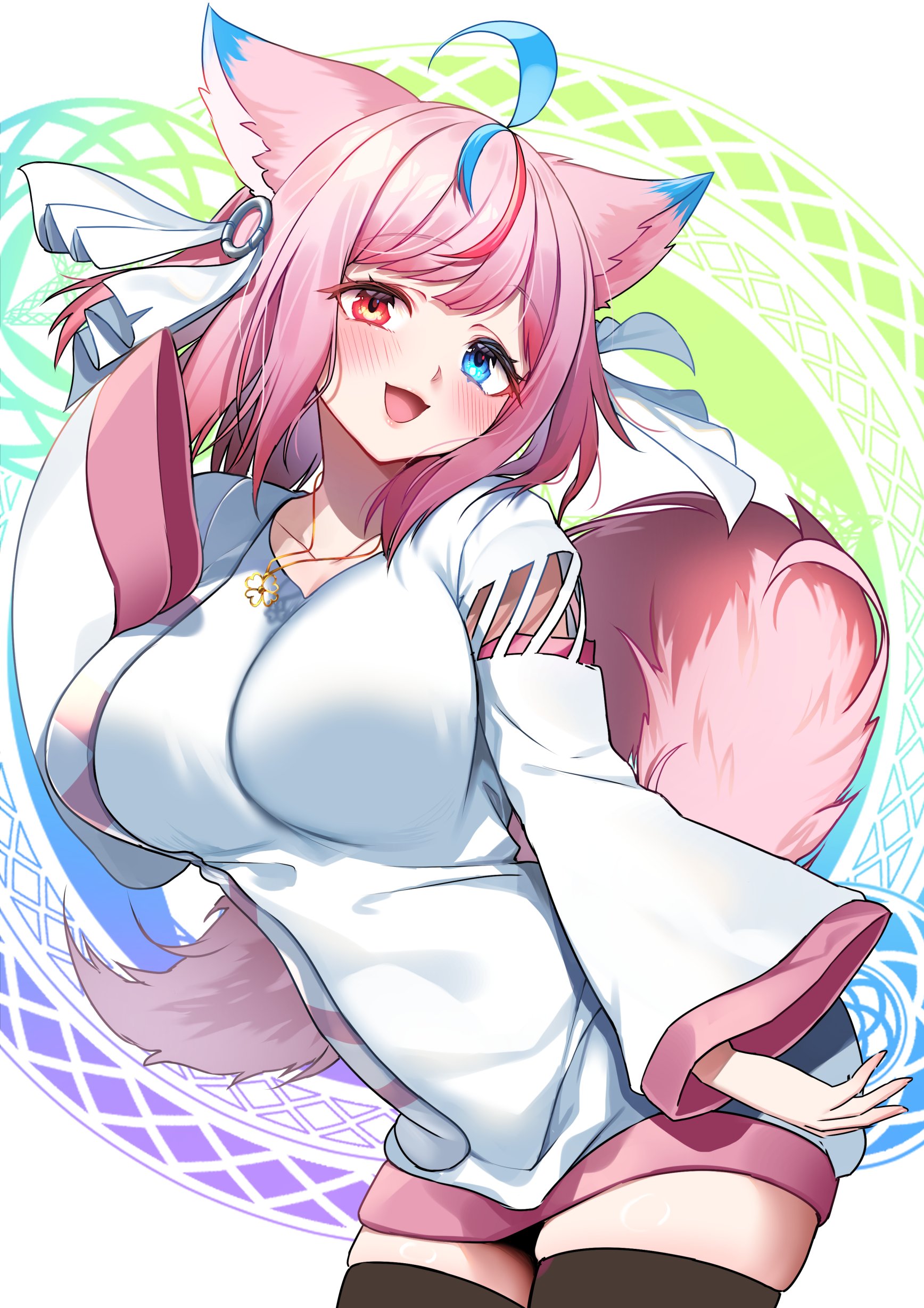 hanasaki mahiru, vrchat, absurdres, commission, highres, skeb commission, 1girl, ahoge, animal ears, black thighhighs, blue eyes, blue hair, blush, breasts, collarbone, fox ears, hair ornament, hand up, heterochromia, large breasts, long hair, long sleeves, looking at viewer, multicolored hair, open mouth, pink hair, red eyes, red hair, shirt, sleeves past fingers, sleeves past wrists, smile, solo, streaked hair, thighhighs, thighs, white shirt