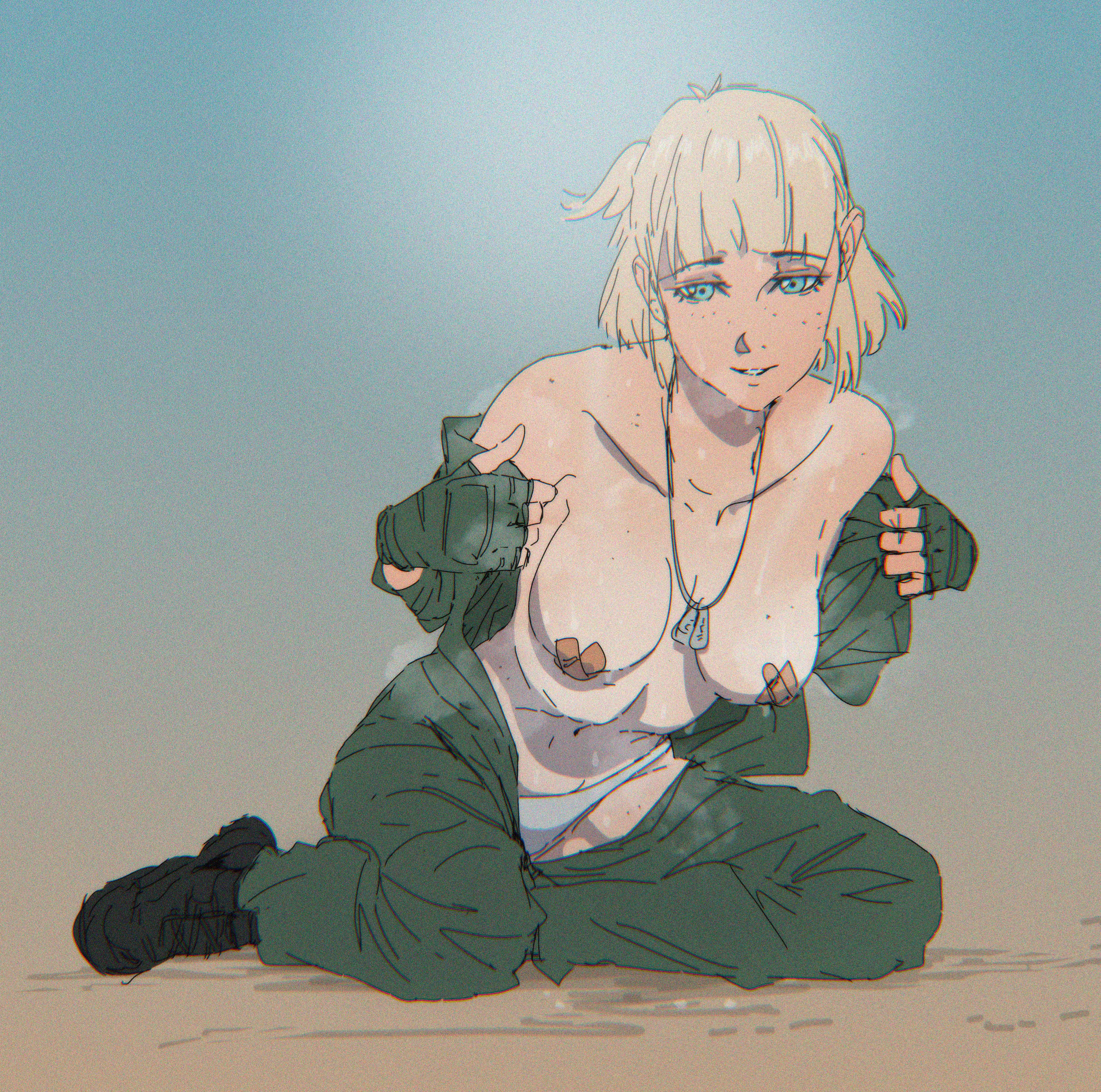 radiarts, prez (project wingman), project wingman, absurdres, commentary, commission, english commentary, highres, 1girl, aqua background, bandaid, bandaids on nipples, black shoes, blonde hair, blue eyes, breasts, breasts apart, brown background, collarbone, dog tags, fingerless gloves, freckles, full body, gloves, gradient background, green gloves, green jumpsuit, jumpsuit, looking at viewer, panties, parted lips, pasties, shoes, short hair, simple background, sitting, solo, sweat, underwear, undressing, white panties, yokozuwari