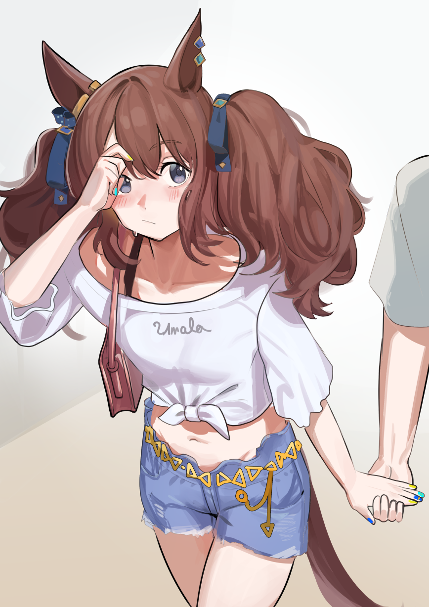 solokitsune, tosen jordan (umamusume), umamusume, commentary request, highres, 1boy, 1girl, animal ears, blue nails, blue shorts, brown bag, brown hair, grey background, holding hands, horse ears, horse girl, horse tail, looking at another, looking to the side, midriff, multicolored nails, nail polish, navel, shirt, shorts, solo focus, standing, tail, thighs, tied shirt, twintails, walking, white shirt, yellow nails