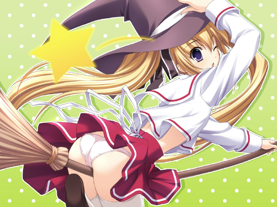 mitha, fujimiya chisa, gift (game), gift eternal rainbow, 00s, 1girl, ass, blonde hair, broom, broom riding, female focus, gift, halloween, hat, long hair, panties, purple eyes, ribbon, school uniform, serafuku, solo, straddling, thighhighs, underwear, upskirt, white panties, white thighhighs, witch, witch hat