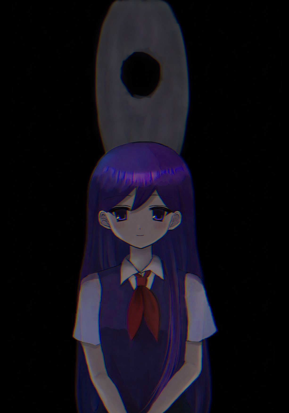 true erg, mari (headspace) (omori), mari (omori), something (omori), omori, highres, spoilers, 1girl, black background, blush, closed mouth, collared shirt, double-parted bangs, long hair, neckerchief, purple eyes, purple hair, red neckerchief, shirt, short sleeves, solo, upper body, white shirt