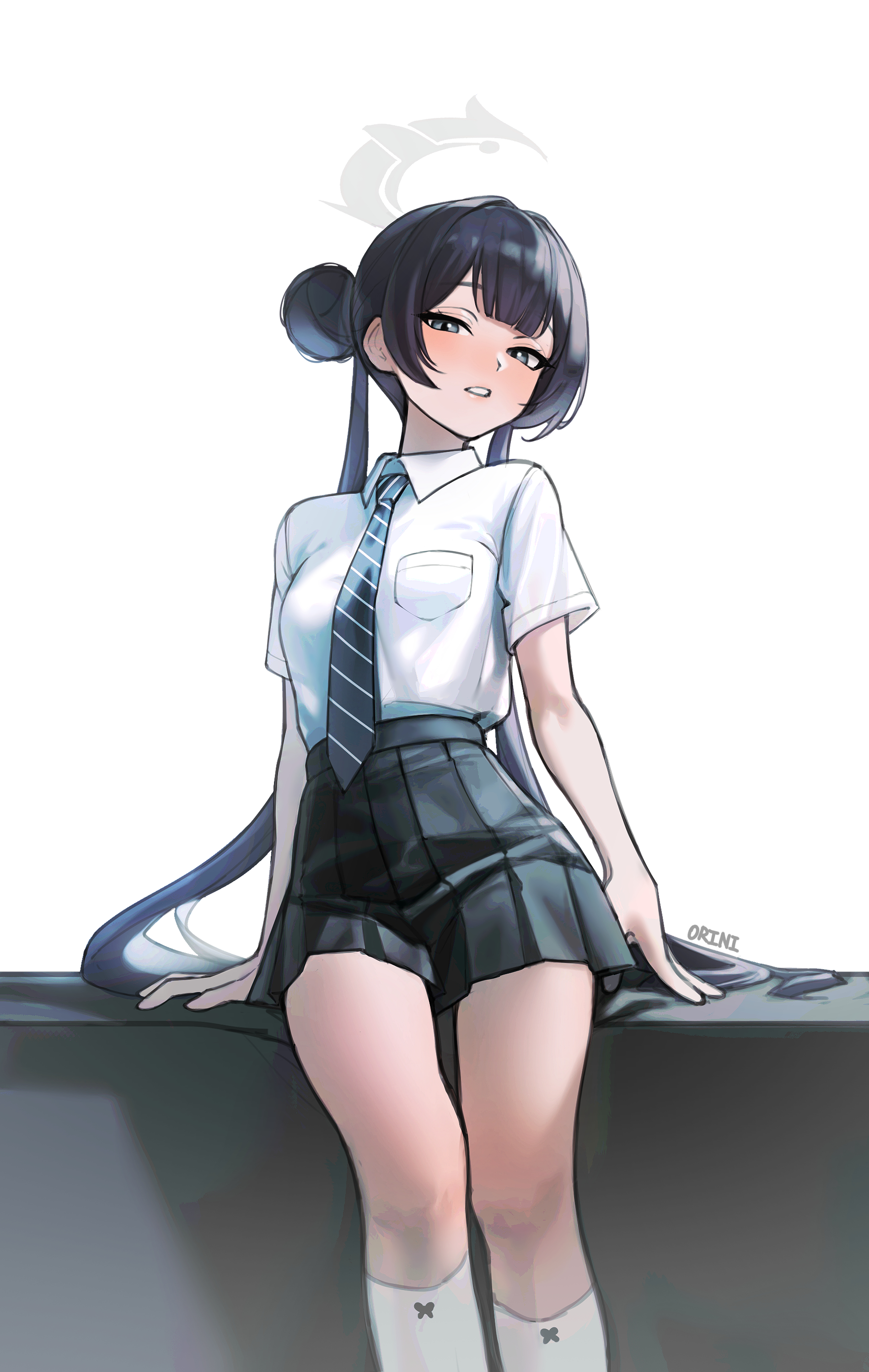 orini, kisaki (blue archive), kisaki (school uniform) (blue archive), blue archive, absurdres, highres, 1girl, arm support, black hair, black necktie, black skirt, blush, braid, braided bun, diagonal-striped clothes, diagonal-striped necktie, double bun, grey eyes, grey halo, hair bun, halo, kneehighs, long hair, looking at viewer, miniskirt, necktie, pleated skirt, shirt, shirt tucked in, short sleeves, simple background, sitting, skirt, socks, solo, striped clothes, striped necktie, thighs, white background, white shirt, white socks