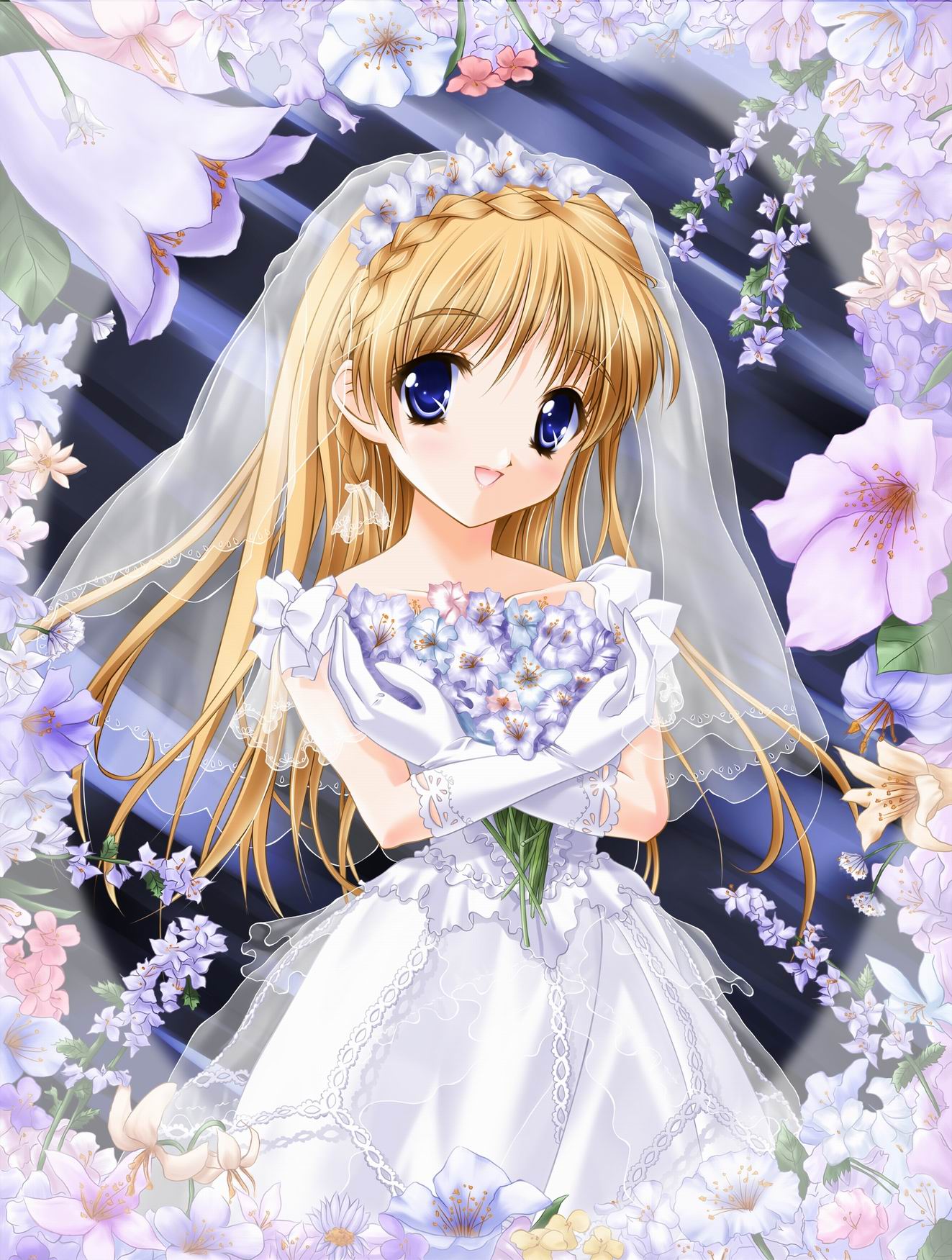 miyase mahiro, highres, 1girl, blonde hair, blue eyes, bridal veil, bride, dress, female focus, flower, gloves, lace, lace-trimmed gloves, lace trim, see-through clothes, solo, veil, wedding dress, white dress, white gloves