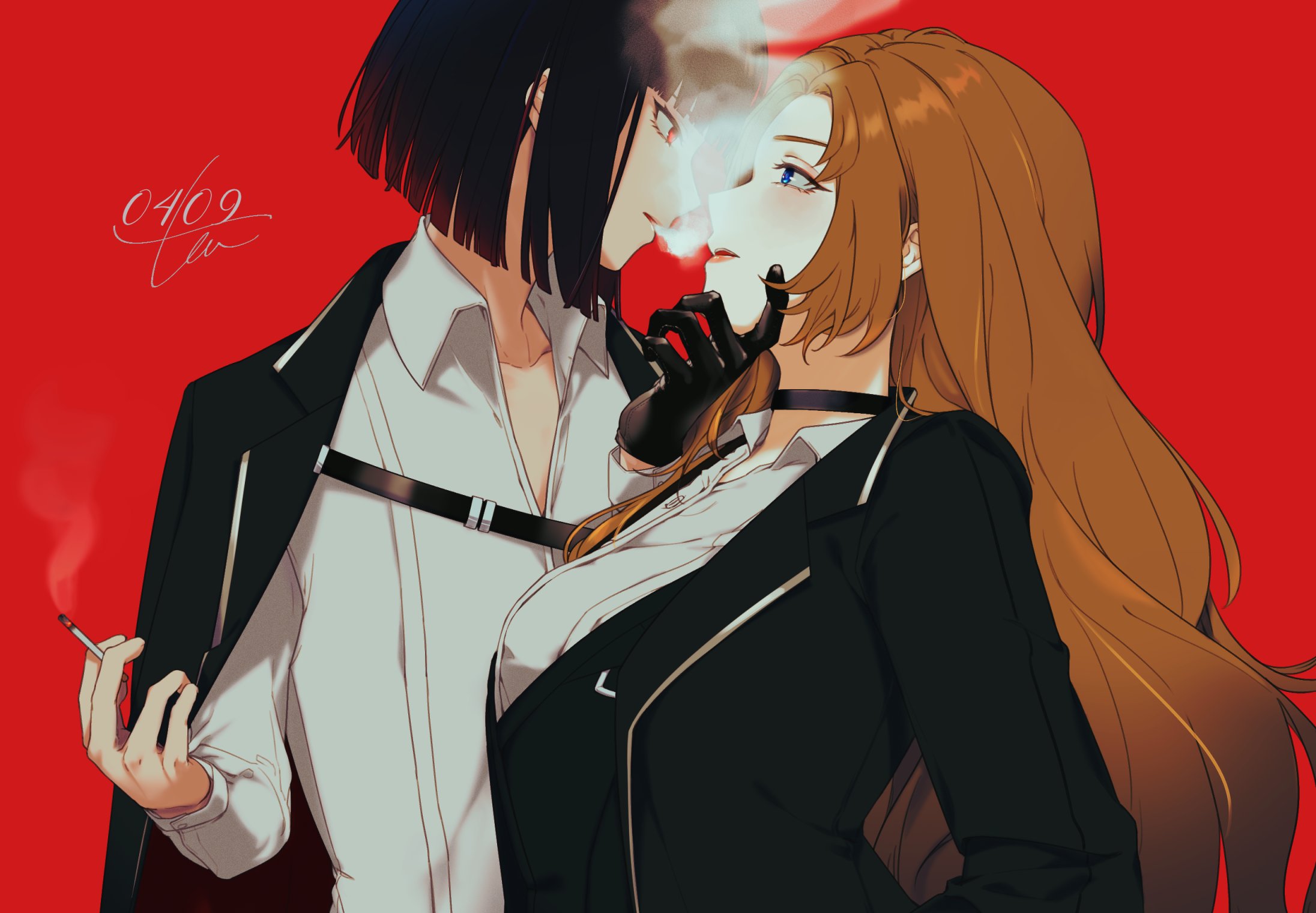 rodion (project moon), ryoshu (project moon), limbus company, project moon, highres, 2girls, belt, between fingers, black belt, black choker, black gloves, black hair, black jacket, blue eyes, blunt bangs, blunt ends, breasts, brown hair, choker, cigarette, collarbone, collared shirt, dated, gloves, hand on own chin, hands up, holding, holding cigarette, jacket, lapels, large breasts, long hair, long sleeves, looking at another, multiple girls, open clothes, open jacket, open mouth, pink lips, puffy long sleeves, puffy sleeves, red background, red eyes, shirt, short hair, signature, simple background, single glove, smoke, smoking, te4 p0t, upper body, wavy hair, white shirt, yuri