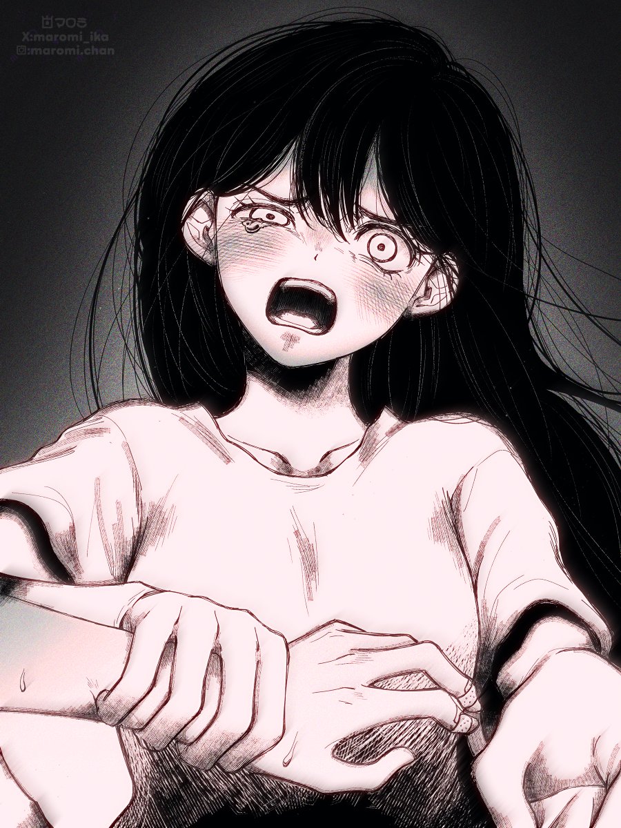 maromichan, mari (faraway) (omori), mari (omori), sunny (omori), omori, highres, spoilers, 1boy, 1girl, bandaid, bandaid on finger, brother and sister, collarbone, disembodied hand, double-parted bangs, dress, greyscale, holding another's wrist, long hair, looking at viewer, monochrome, pov, short sleeves, siblings, tongue, upper body