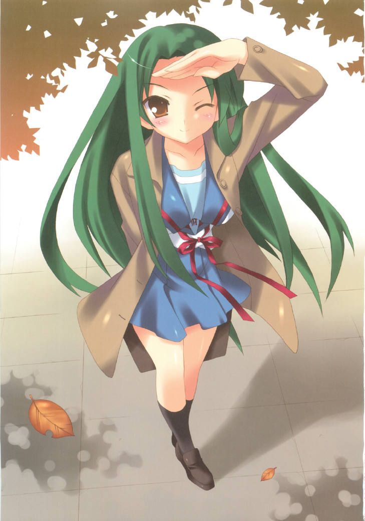 satomi hinako, tsuruya, suzumiya haruhi no yuuutsu, 00s, blush, green hair, leaf, long hair, one eye closed, ribbon, school uniform, serafuku, smile, solo, very long hair, wink