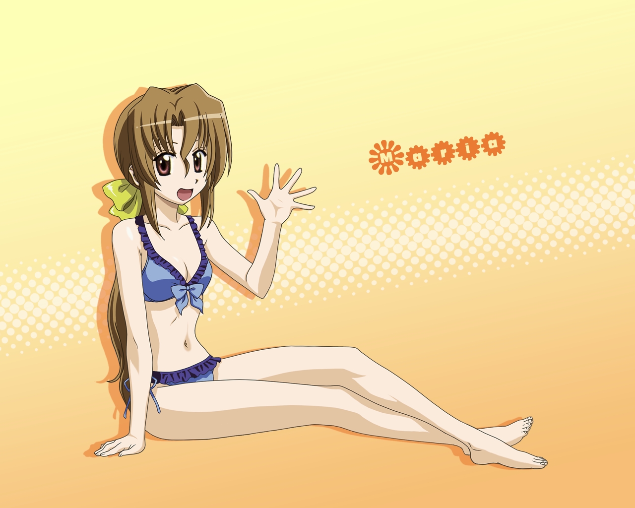 hata kenjirou, maria (hayate no gotoku!), hayate no gotoku!, official art, official wallpaper, 00s, 1girl, :d, barefoot, bikini, blue bikini, brown hair, crossed legs, feet, female focus, folded ponytail, frilled bikini, frills, front-tie top, halftone, halftone background, long hair, low ponytail, navel, open mouth, ponytail, purple eyes, sitting, smile, solo, swimsuit, very long hair, waving