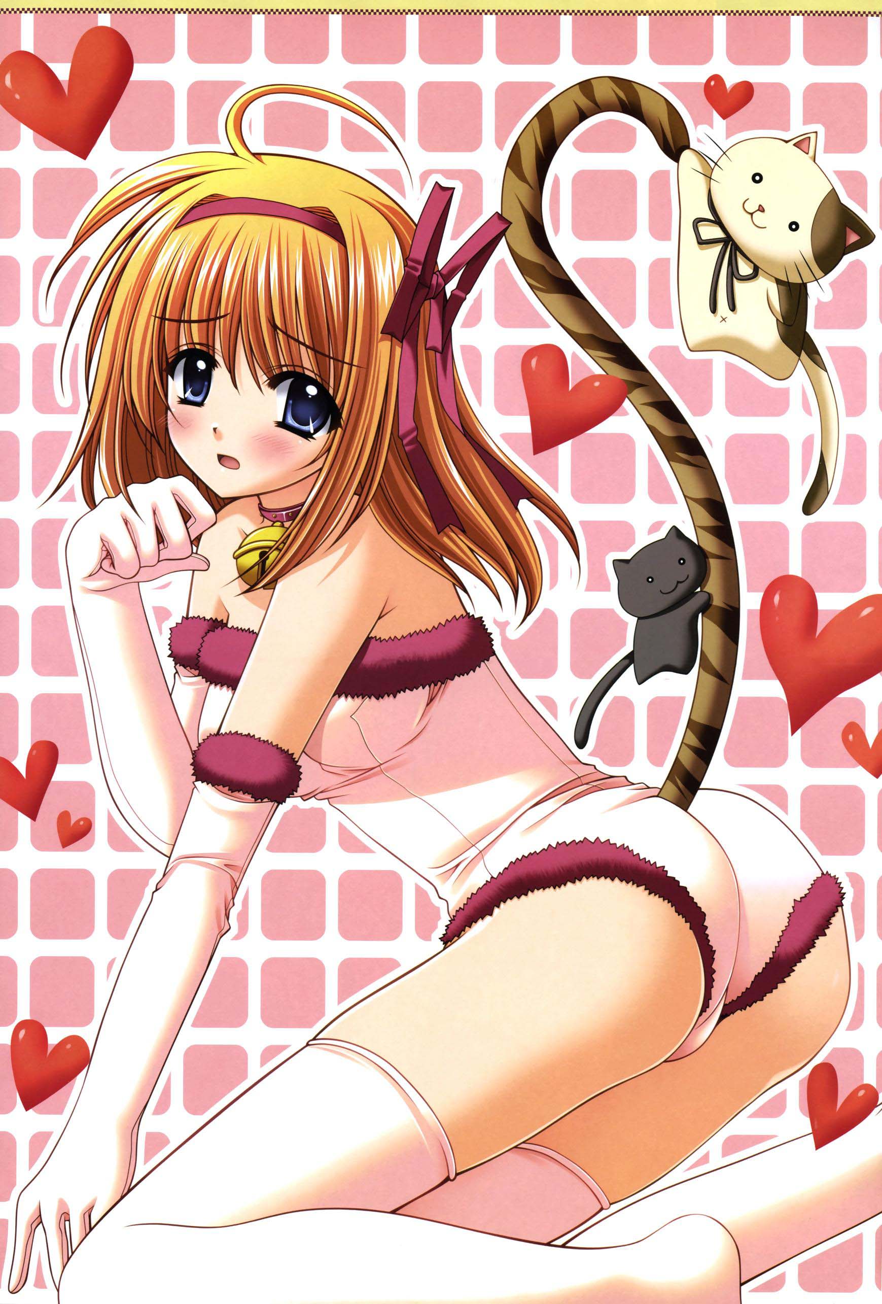 fuyou kaede, shuffle!, absurdres, highres, bare shoulders, bell, blush, cat, collar, elbow gloves, gloves, heart, neck bell, tail, thighhighs