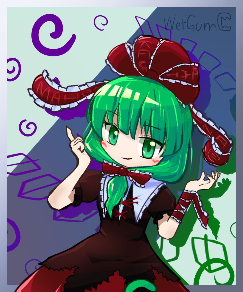 kagiyama hina, touhou, highres, 1girl, arm ribbon, bow, dress, front ponytail, green eyes, green hair, looking at viewer, red bow, red ribbon, ribbon, solo, wetgumc
