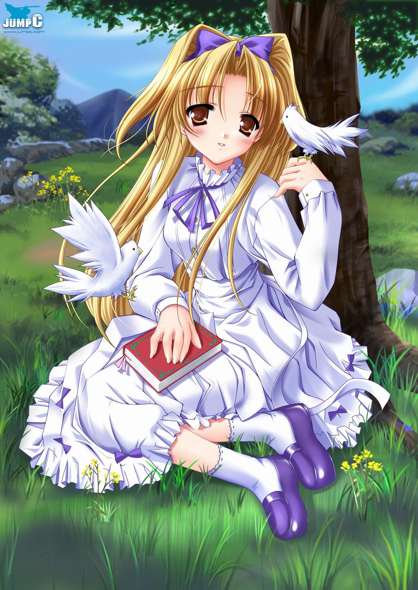 moekibara fumitake, platinum wind, highres, 1girl, animal, bird, blonde hair, blush, book, bow, brown eyes, day, dot nose, dress, female focus, grass, long hair, mountain, open mouth, outdoors, scenery, shoes, sitting, socks, solo, tree
