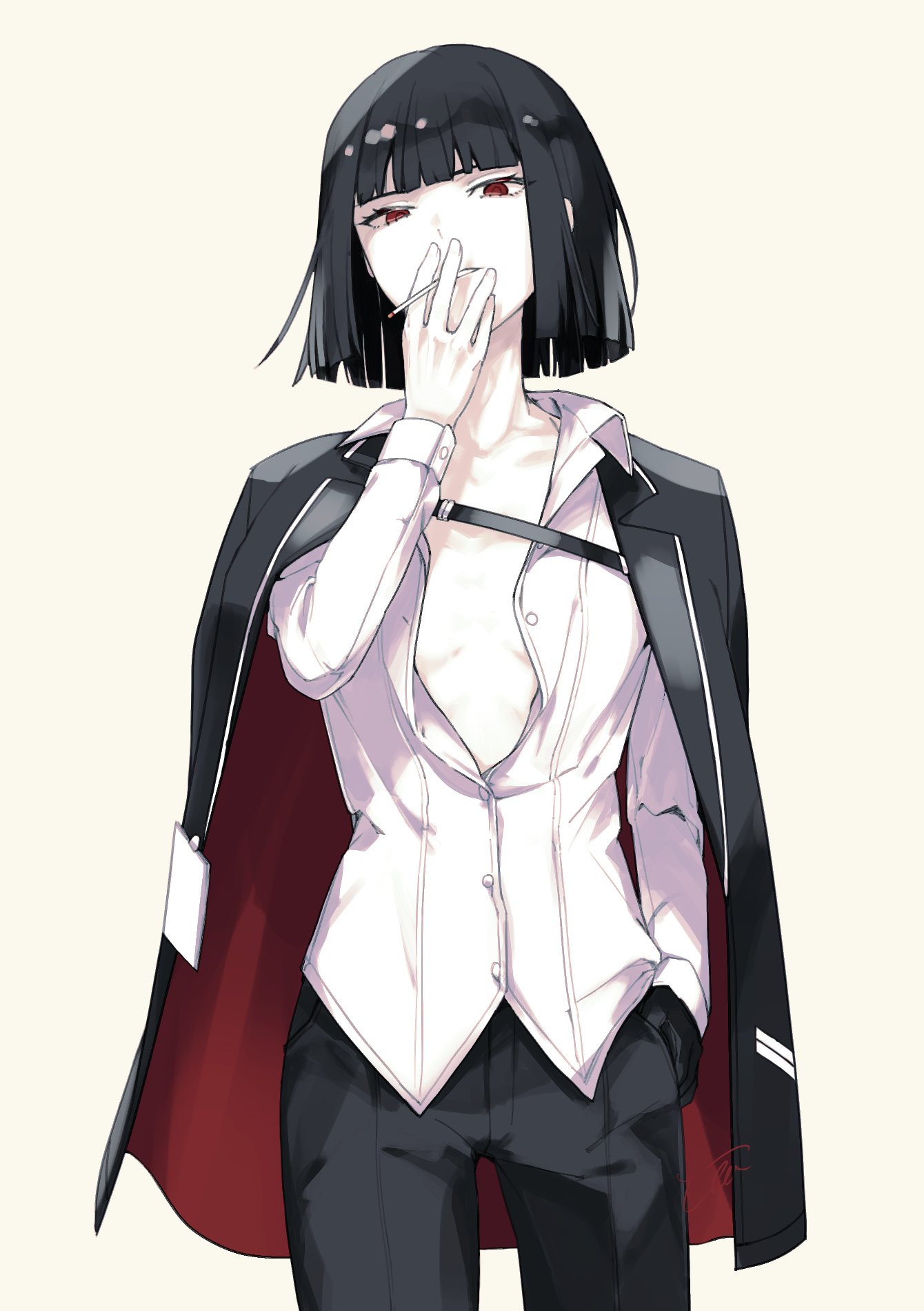 ryoshu (project moon), limbus company, project moon, commentary request, highres, 1girl, belt, between fingers, black belt, black gloves, black hair, black jacket, black pants, blunt bangs, blunt ends, buttons, cigarette, collarbone, collared shirt, cowboy shot, empty eyes, flat chest, gloves, hand in pocket, holding, holding cigarette, jacket, lapels, long sleeves, looking at viewer, open clothes, open jacket, open shirt, pants, red eyes, red jacket, shirt, short hair, signature, simple background, single glove, smoke, smoking, solo, standing, te4 p0t, teeth, two-sided fabric, two-sided jacket, white shirt, yellow background