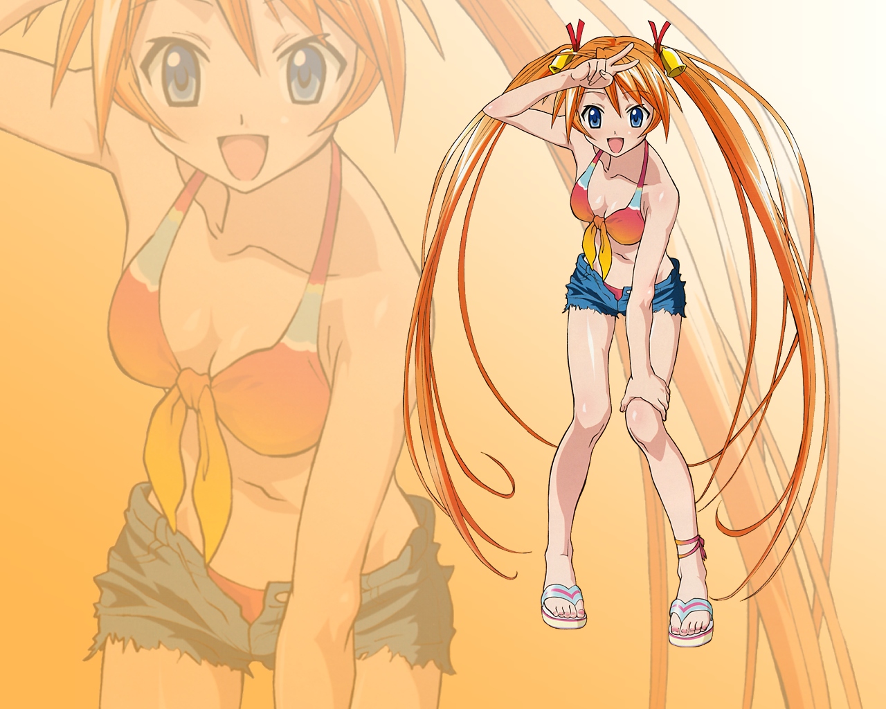 kagurazaka asuna, mahou sensei negima!, 00s, blue eyes, long hair, open mouth, orange hair, swimsuit, twintails, v, very long hair, zoom layer