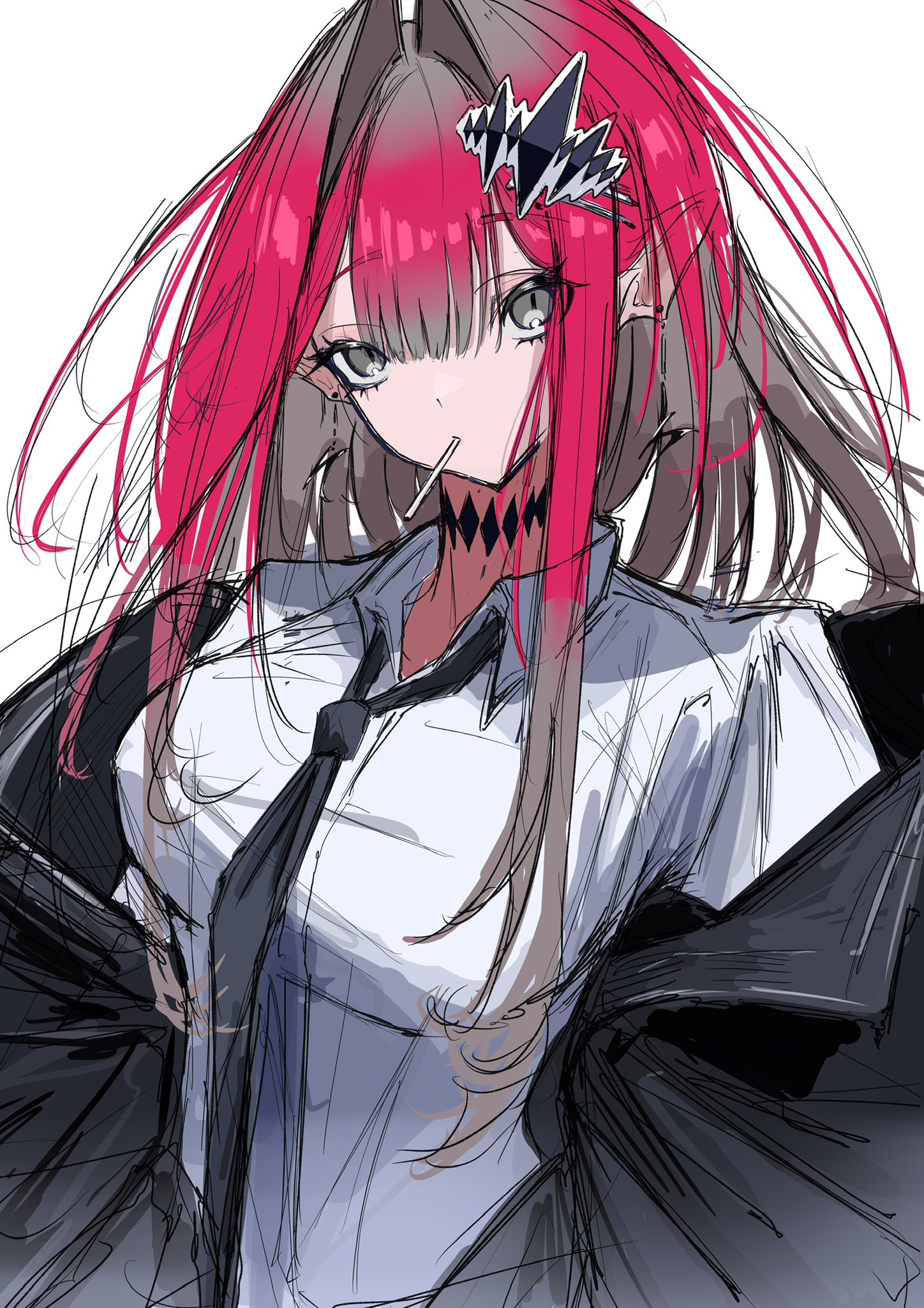 baobhan sith (fate), fate/grand order, fate (series), highres, 1girl, black jacket, black necktie, breasts, grey eyes, jacket, lollipop in mouth, long hair, looking at viewer, necktie, pink hair, pointy ears, shirt, sidelocks, solo, tiritumo 21, white background, white shirt
