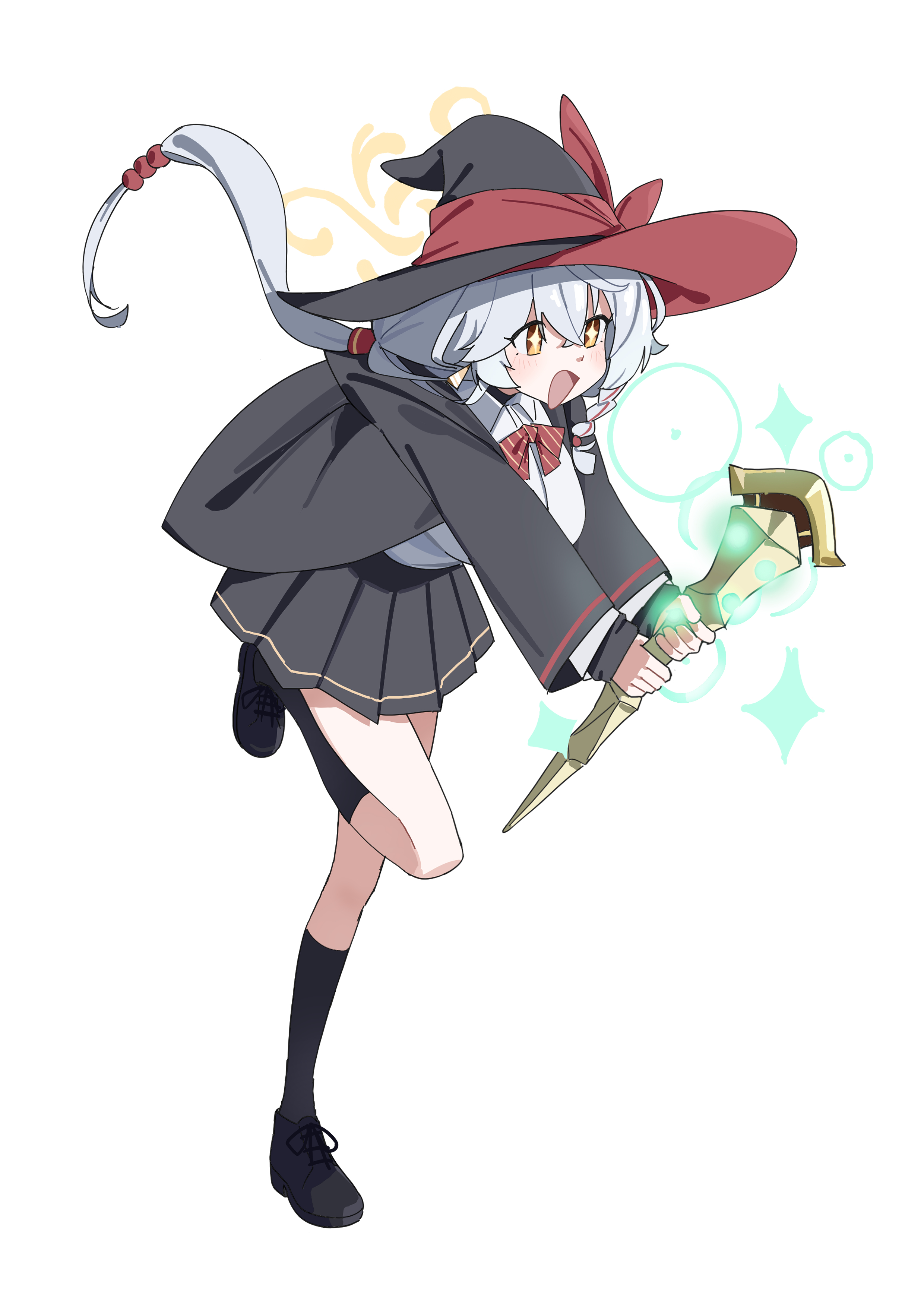 adon (dufaladanidu), eri (blue archive), blue archive, absurdres, highres, 1girl, black hat, black jacket, black shoes, black skirt, black socks, bow, bowtie, breasts, full body, grey hair, hat, holding, holding wand, jacket, large breasts, long hair, long sleeves, open mouth, pleated skirt, red bow, red bowtie, shirt, shoes, simple background, skirt, smile, socks, solo, standing, standing on one leg, wand, white background, white shirt, witch hat