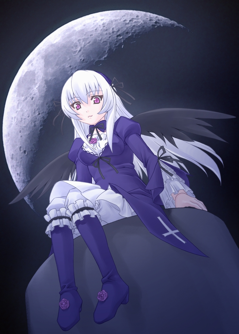 kamatori pokari, suigintou, rozen maiden, silver hair, 00s, 1girl, black wings, boots, female focus, frilled thigh strap, frills, full body, full moon, hairband, juliet sleeves, knee boots, lolita hairband, long sleeves, looking at viewer, moon, pink eyes, puffy sleeves, solo, thigh strap, wings