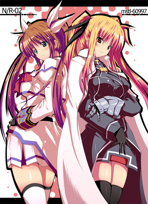 satofuji masato, fate testarossa, fate testarossa (impulse form), takamachi nanoha, takamachi nanoha (aggressor mode), lyrical nanoha, mahou shoujo lyrical nanoha, mahou shoujo lyrical nanoha strikers, 00s, 2girls, blonde hair, blush, bow, brown hair, cape, coat, fingerless gloves, gauntlets, gloves, green eyes, hair ribbon, long hair, looking back, magical girl, multiple girls, purple eyes, red bow, red eyes, red hair, ribbon, single gauntlet, single glove, skirt, smile, thighhighs, twintails, very long hair, waist cape, zettai ryouiki
