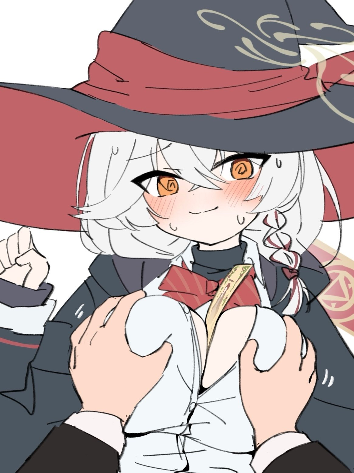 eri (blue archive), blue archive, @ @, between breasts, blush, bow, bowtie, braid, breasts, card, cleavage, groping breast, halo, hat, jacket, long coat, long hair, open clothes, open shirt, orange eyes, shirt, skirt, sweater, white hair, witch hat