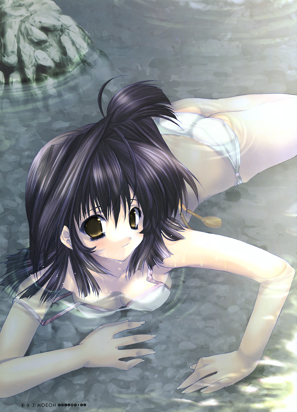 yuunagi futaba, dengeki moeoh, highres, non-web source, 1girl, ass, bikini, black hair, female focus, partially submerged, rock, short hair, solo, submerged, swimsuit, white bikini, yellow eyes