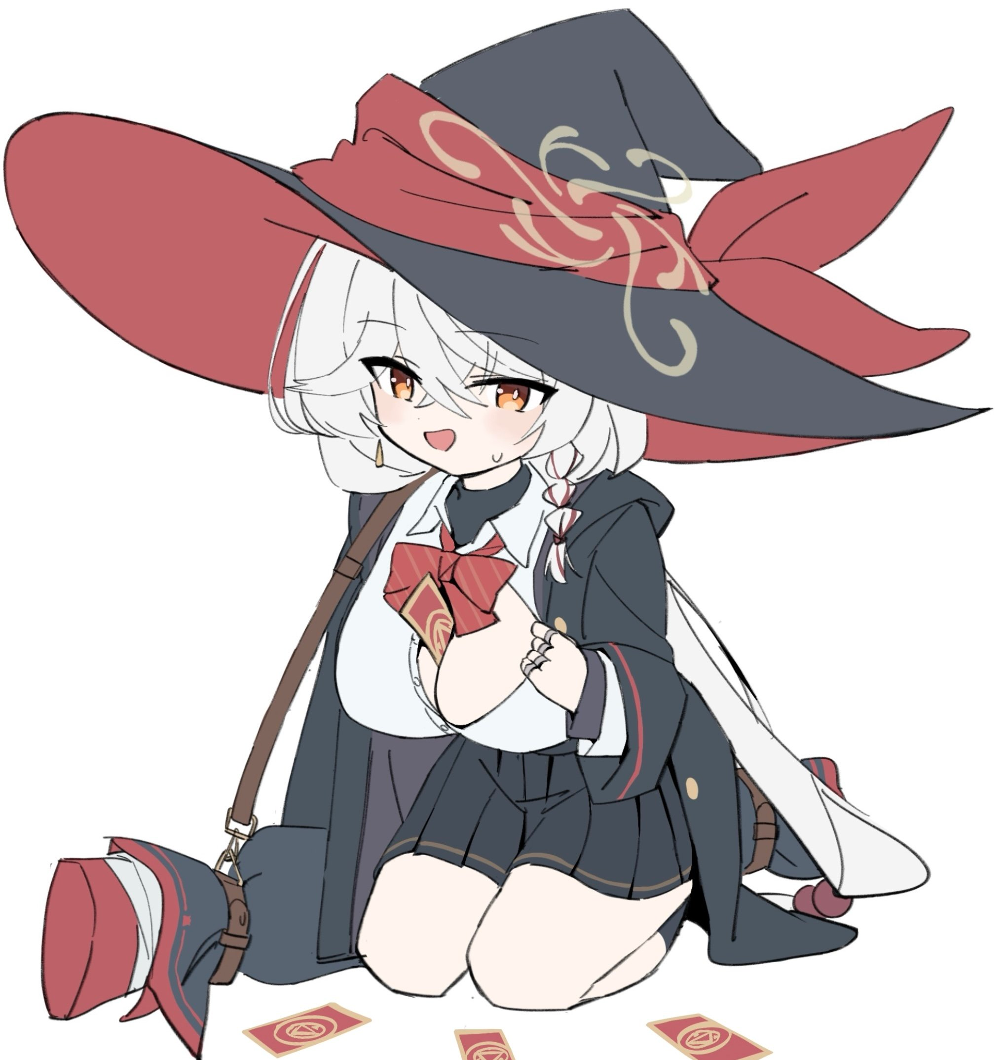 eri (blue archive), blue archive, between breasts, bow, bowtie, braid, breasts, card, cleavage, gun, halo, hat, jacket, kneeling, long coat, long hair, orange eyes, shirt, skirt, sweater, weapon, white hair, witch hat