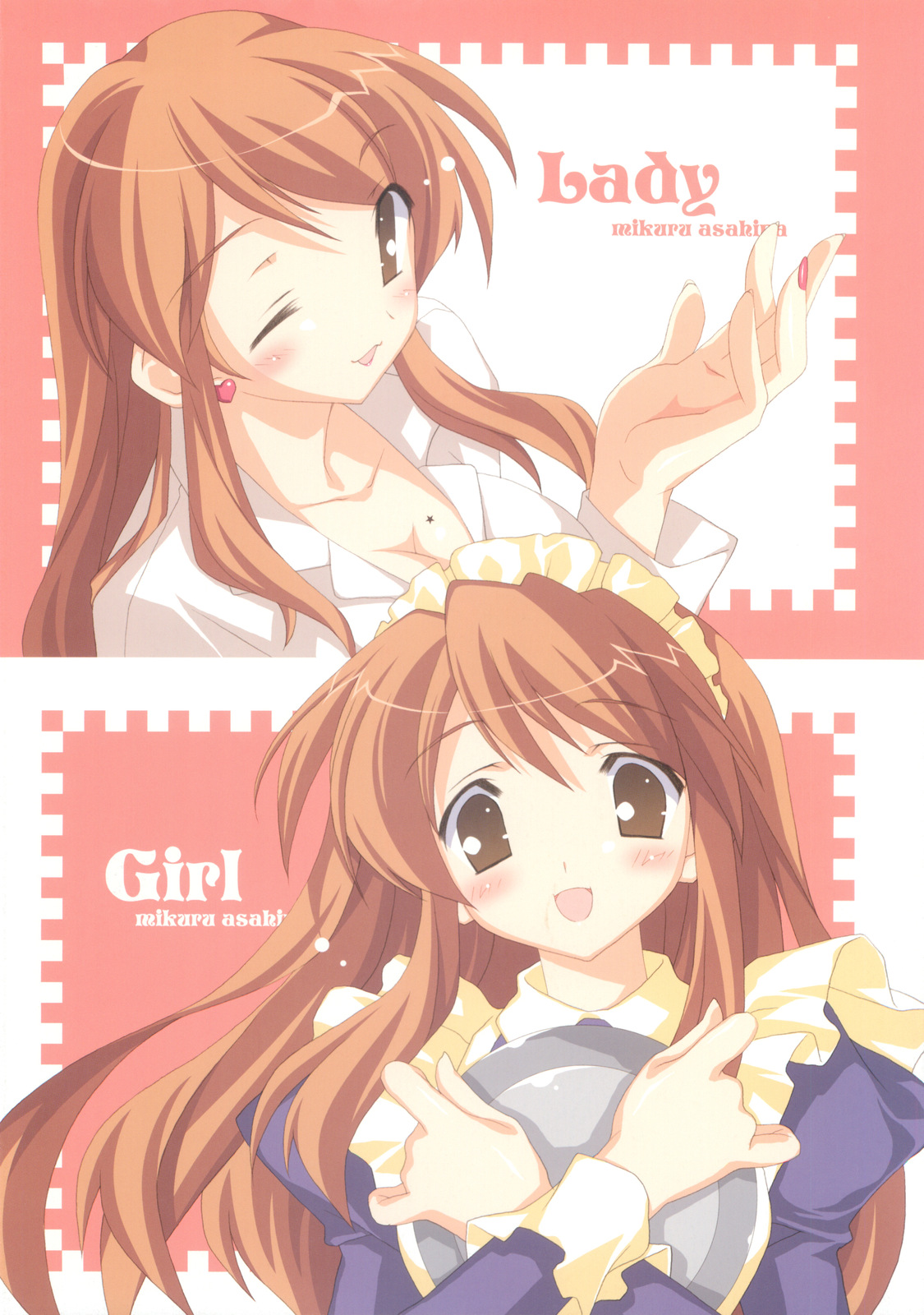 satomi hinako, asahina mikuru, asahina mikuru (adult), suzumiya haruhi no yuuutsu, highres, 00s, 2girls, aged up, breasts, brown hair, cleavage, dress shirt, large breasts, maid, mole, mole on breast, multiple girls, shirt