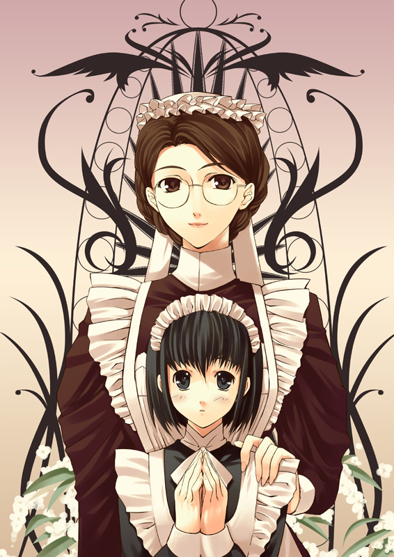 tachibana yuu, emma, emma (victorian romance emma), shirley medison, shirley (manga), victorian romance emma, 00s, 2girls, apron, black hair, blush, bob cut, brown eyes, brown hair, creator connection, crossover, glasses, hat, maid, maid apron, mob cap, multiple girls, victorian maid