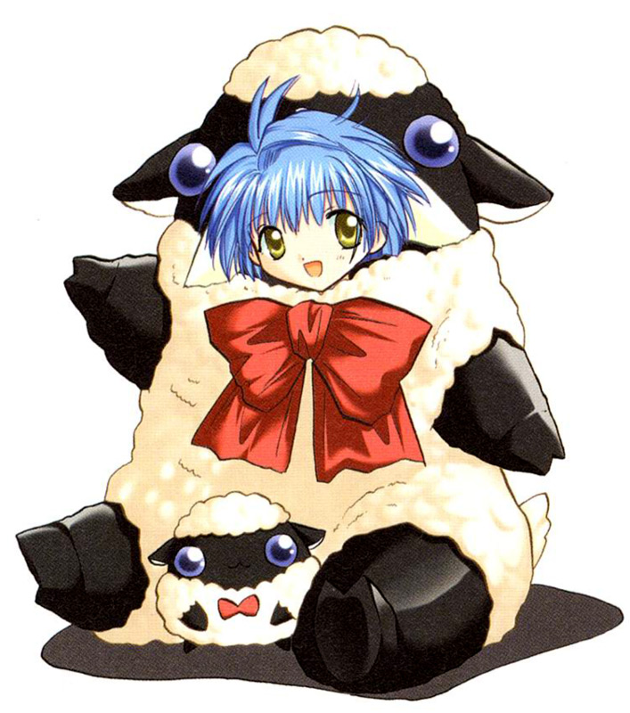 mint blancmanche, galaxy angel, tagme, 00s, 1girl, animal costume, animal ears, blue hair, female focus, looking at viewer, sheep, sheep costume, short hair, simple background, solo, white background, yellow eyes