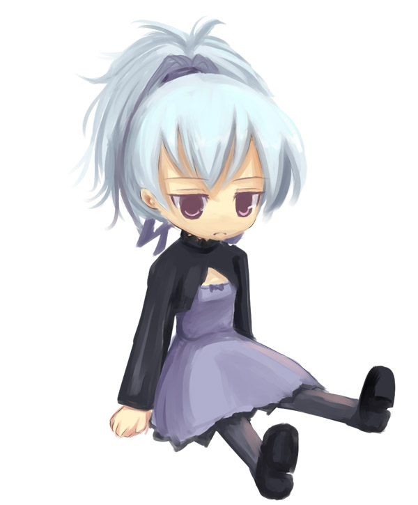 kuro (be ok), yin (darker than black), darker than black, 00s, 1girl, antenna hair, black pantyhose, dress, expressionless, female focus, full body, grey hair, hair ribbon, jitome, long sleeves, pantyhose, ponytail, purple dress, red eyes, ribbon, simple background, sitting, solo, white background