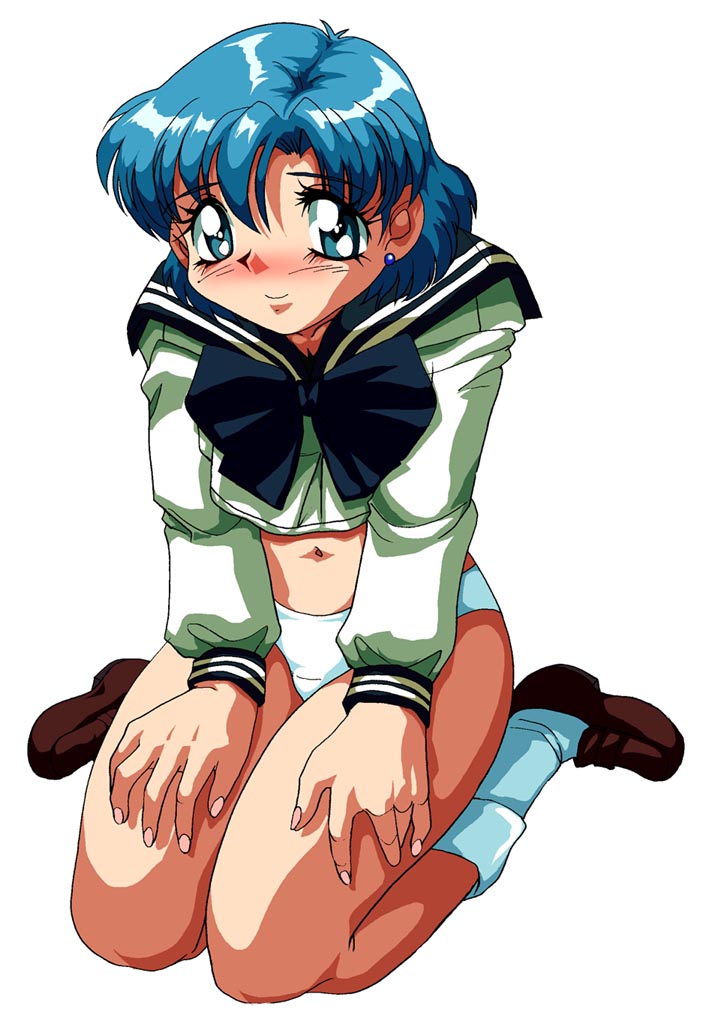 mizuno ami, bishoujo senshi sailor moon, 1990s (style), 1girl, blue bow, blue bowtie, blue eyes, blush, bow, bowtie, brown shoes, female focus, hands on own legs, long sleeves, looking at viewer, navel, panties, retro artstyle, school uniform, serafuku, shirt, shoes, short hair, smile, socks, solo, underwear, white background, white panties, white shirt, white socks