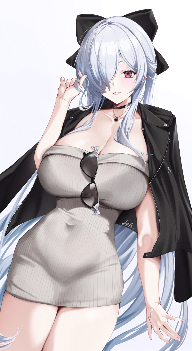 esto 0079, cinderella (beautiful me) (nikke), cinderella (nikke), goddess of victory: nikke, commentary, highres, 1girl, black bow, black choker, black jacket, blush, bow, breasts, choker, cleavage, covered navel, dress, grey dress, grey hair, hair bow, hair over one eye, huge breasts, jacket, jacket on shoulders, jewelry, long hair, looking at viewer, necklace, parted lips, playing with own hair, red eyes, sidelocks, sleeveless, sleeveless dress, smile, solo, strapless, strapless dress, sweater, sweater dress