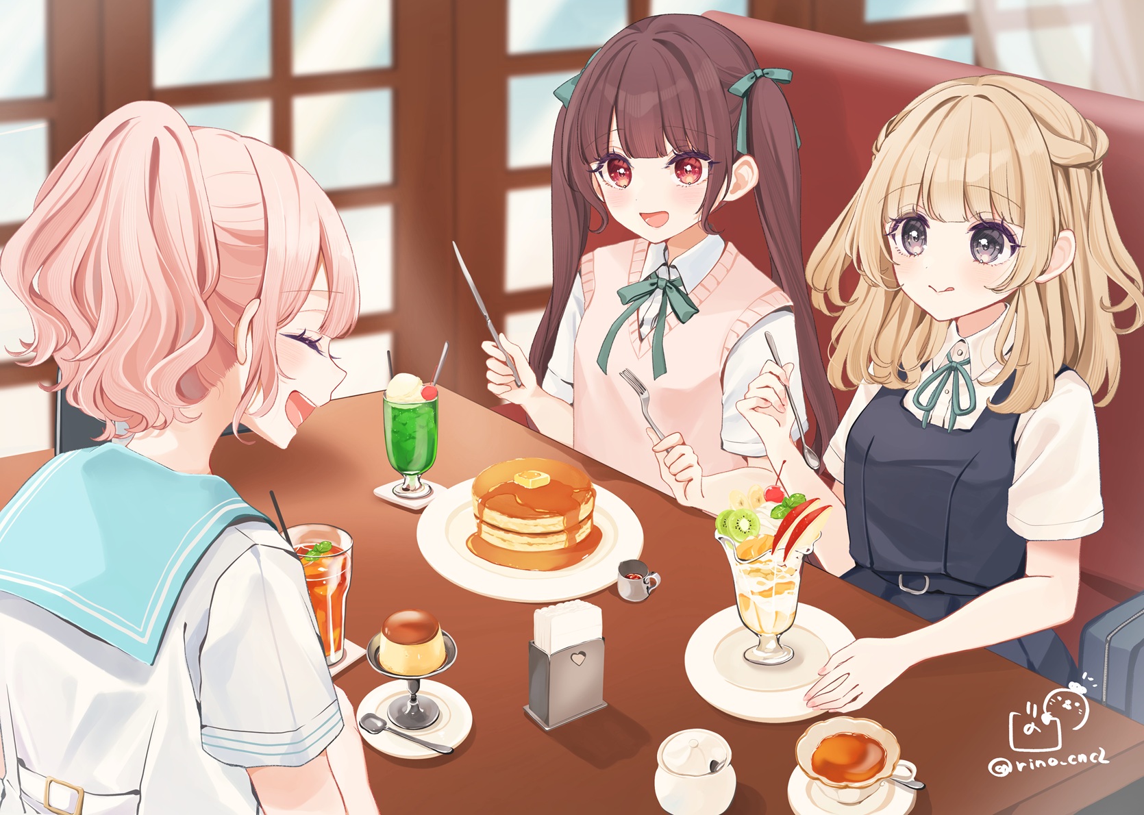 rino cnc, original, commentary request, highres, 3girls, :d, ^ ^, bag, black dress, blonde hair, blue sailor collar, blurry, blurry background, blush, bow, braid, brown hair, closed eyes, collared shirt, couch, cup, depth of field, dress, dress shirt, food, fork, green bow, green ribbon, grey eyes, hair bow, holding, holding fork, holding knife, ice cream, ice cream float, indoors, knife, long hair, multiple girls, neck ribbon, on couch, open mouth, pancake, pancake stack, parfait, pinafore dress, pink hair, plate, ponytail, pudding, red eyes, ribbon, sailor collar, school bag, school uniform, serafuku, shirt, short sleeves, signature, sleeveless, sleeveless dress, smile, spoon, sweater vest, table, twintails, twitter username, very long hair, white shirt, window