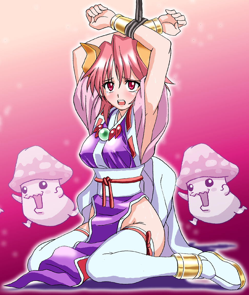 1girl, armpits, arms up, bdsm, bondage, bound, breasts, costume, covered erect nipples, female focus, horns, jewelry, kneeling, matching hair/eyes, necklace, no panties, pink hair, red eyes, red hair, short hair, solo, tears, thighhighs