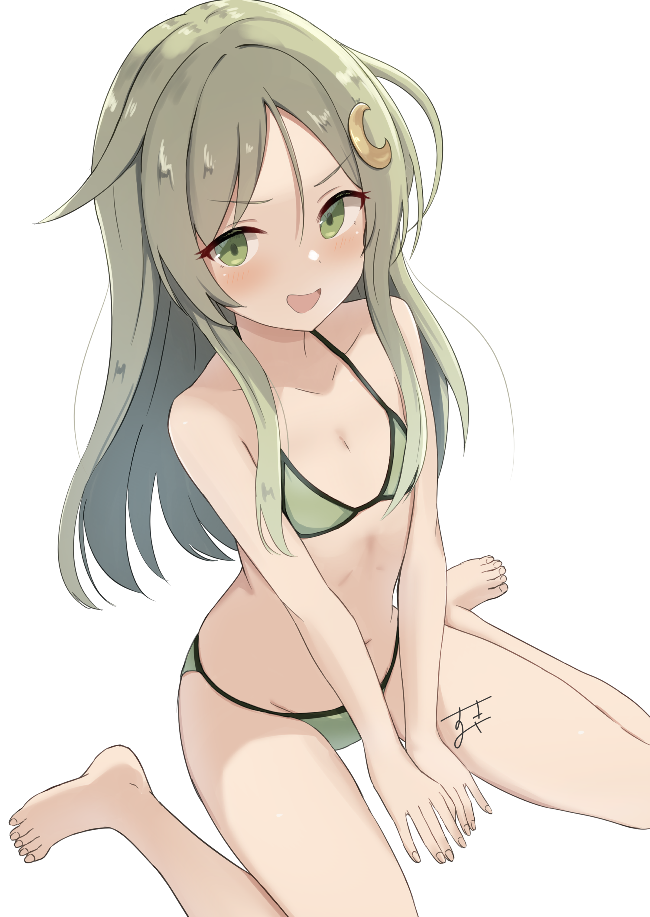 sukimizaki, nagatsuki (kancolle), kantai collection, absurdres, commentary request, commission, highres, partial commentary, skeb commission, 1girl, bare arms, bare legs, bare shoulders, between legs, between thighs, bikini, blush, collarbone, dot nose, flat chest, green bikini, green eyes, green hair, hair ornament, hand between legs, knees out of frame, long hair, navel, open mouth, petite, sitting, solo, stomach, straight hair, swimsuit, v arms, wariza