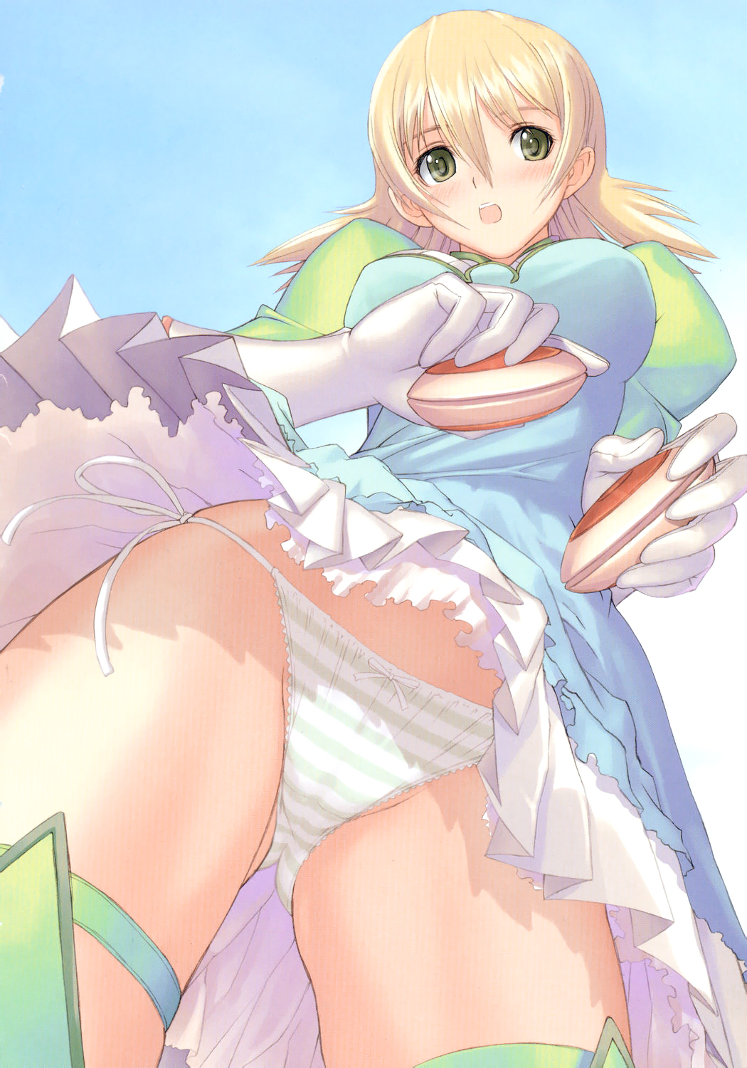 highres, blonde hair, blush, clothes lift, dress, dress lift, gloves, hip focus, legs, open mouth, panties, short hair, side-tie panties, sky, striped clothes, striped panties, thighhighs, thighs, underwear, yellow eyes