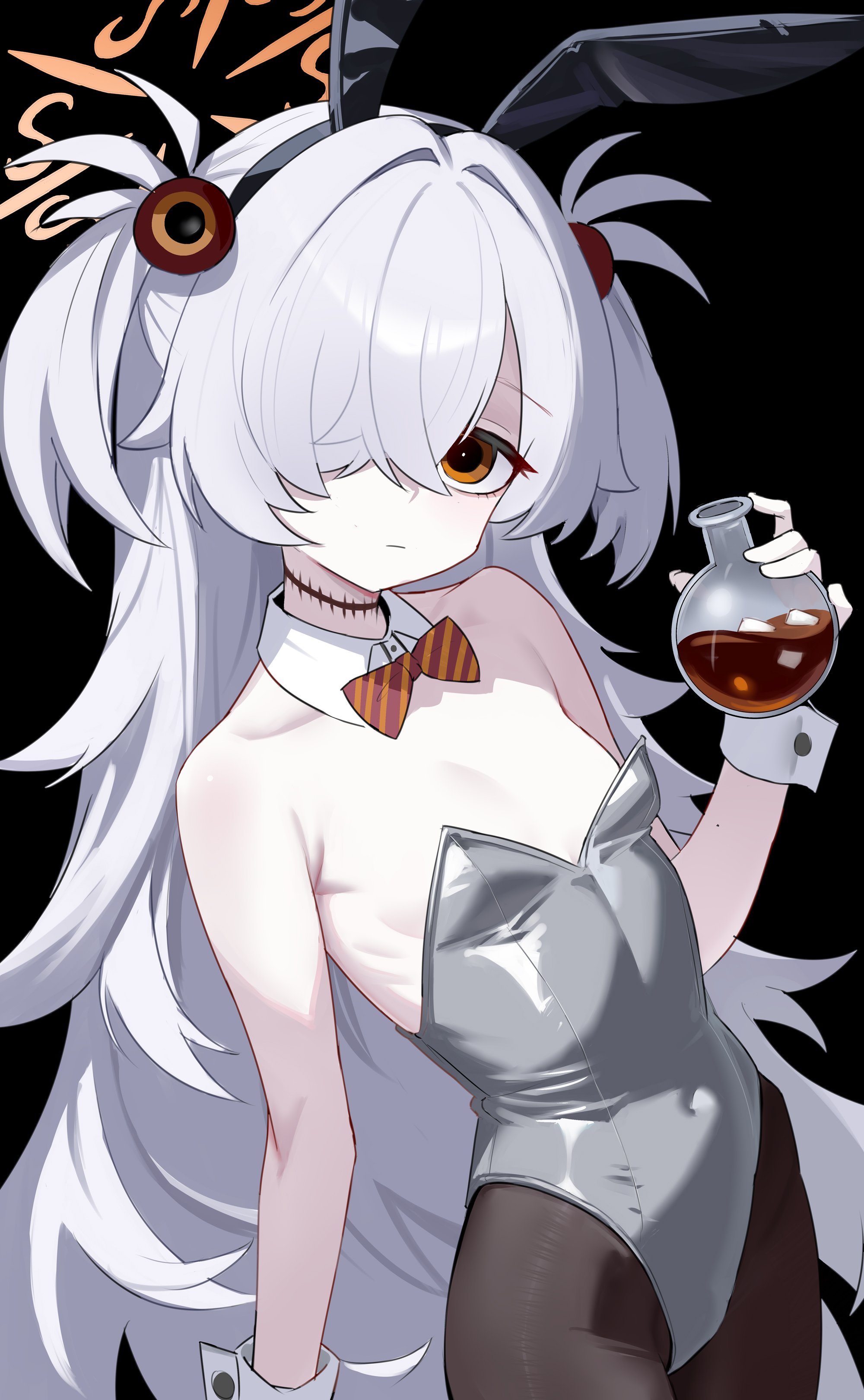 shenqi xiaohuang, kanoe (blue archive), blue archive, absurdres, highres, 1girl, animal ears, bare shoulders, black background, bow, bowtie, breasts, brown pantyhose, closed mouth, cowboy shot, detached collar, diagonal-striped bow, diagonal-striped bowtie, diagonal-striped clothes, fake animal ears, flask, grey hair, grey leotard, hair over one eye, halo, hand up, holding, holding flask, leotard, long hair, looking at viewer, orange eyes, orange halo, pantyhose, playboy bunny, rabbit ears, simple background, small breasts, solo, striped bow, striped bowtie, striped clothes, white wrist cuffs, wrist cuffs