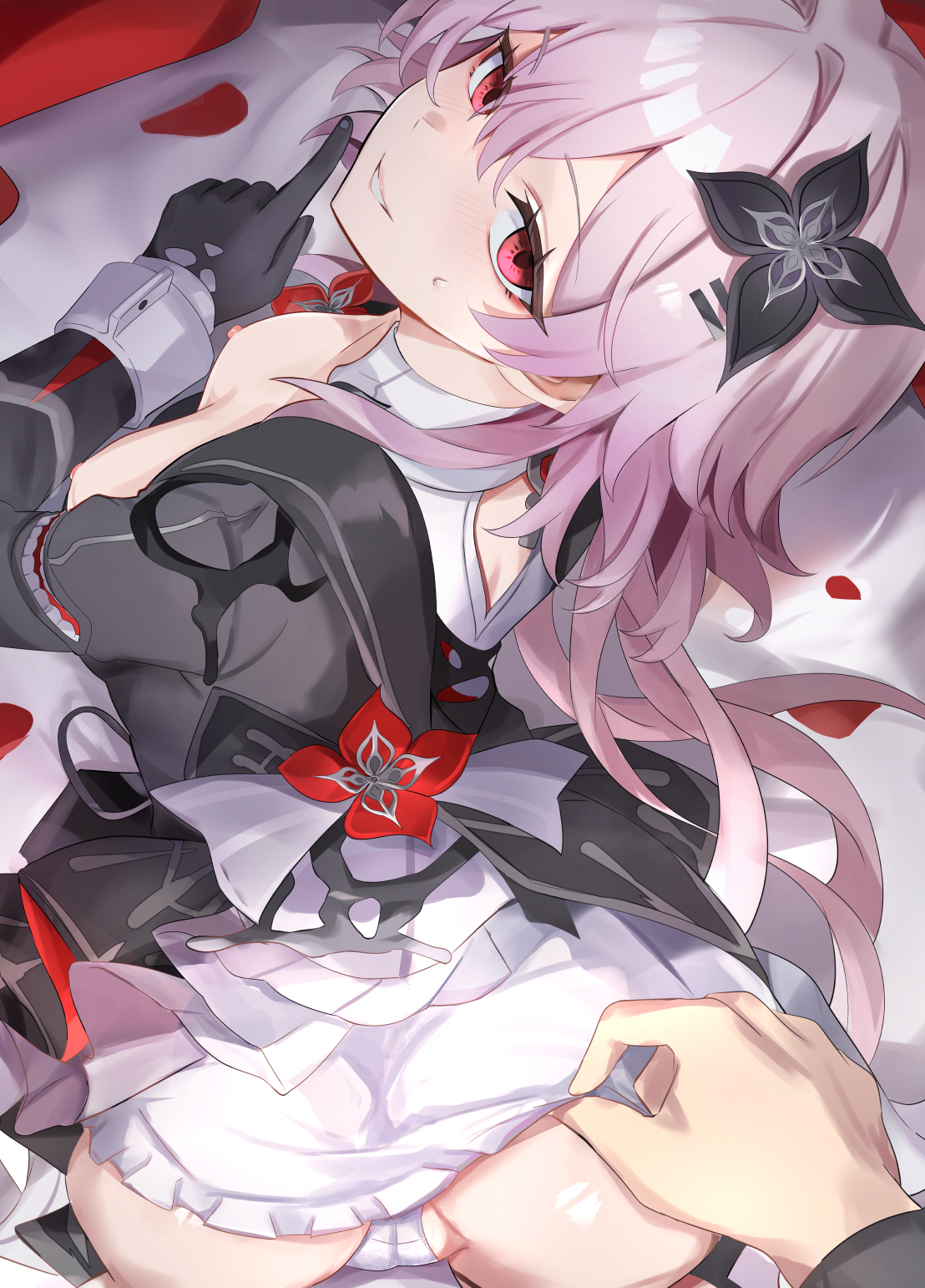tomas (kaosu22), evernight (honkai: star rail), march 7th (honkai: star rail), honkai: star rail, honkai (series), commentary request, highres, paid reward available, 1boy, 1girl, all fours, ass, back cutout, black dress, black flower, black gloves, breasts, clothes lift, clothing cutout, dress, dress lift, finger to mouth, flower, from behind, gloves, grin, hair flower, hair intakes, hair ornament, hairclip, light blush, long hair, looking at viewer, looking back, medium breasts, nipples, official alternate costume, official alternate hairstyle, on bed, panties, parallel hairclips, petals, petticoat, pink eyes, pink hair, pov, pov hands, red flower, rose petals, shiny skin, shushing, slime (substance), smile, sweat, teeth, turtleneck, underwear, very long hair, white panties, white wrist cuffs, wrist cuffs