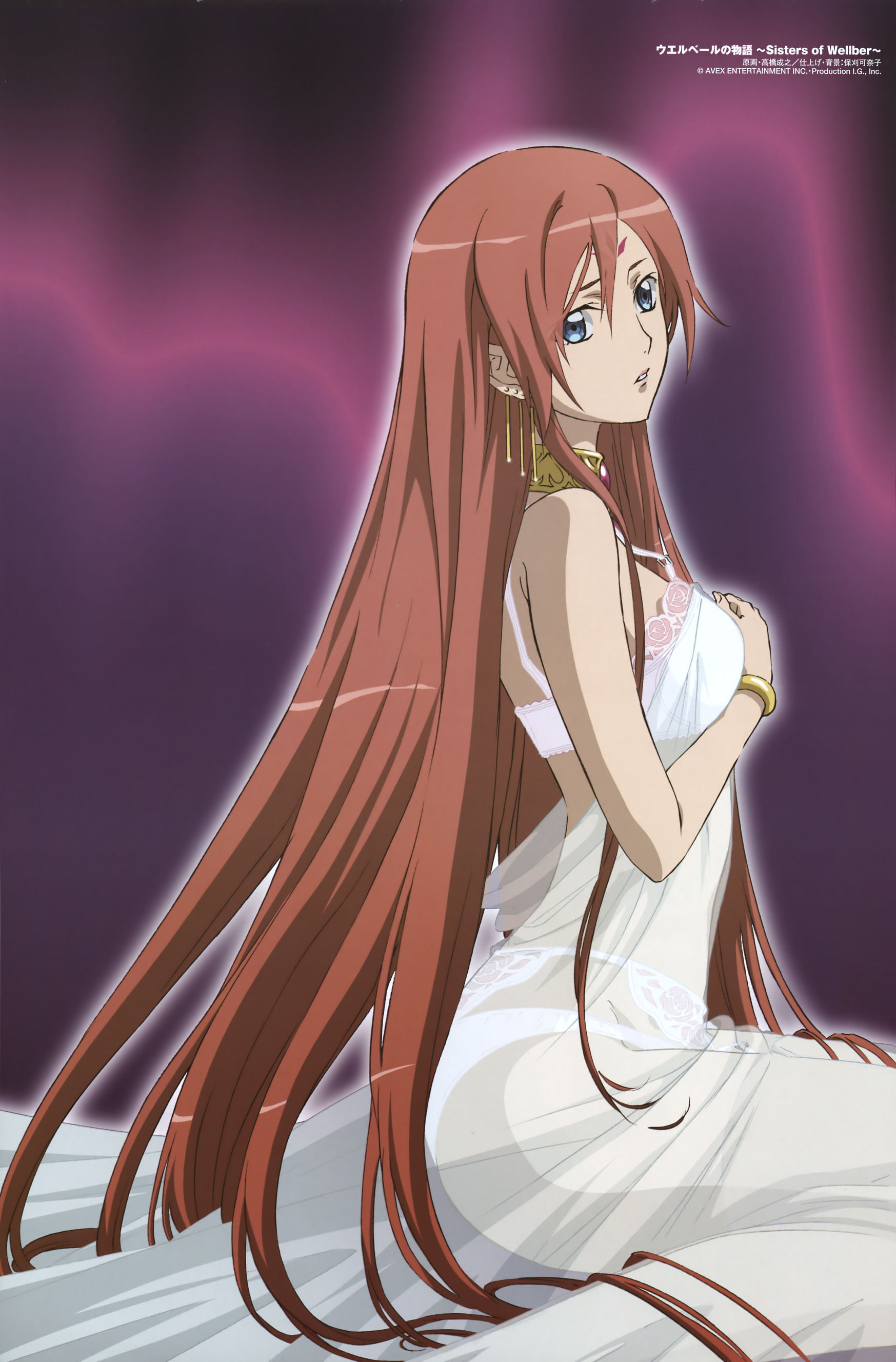 rita ciol, wellber no monogatari, absurdres, highres, blue eyes, bra, brown hair, lingerie, long hair, panties, see-through clothes, underwear