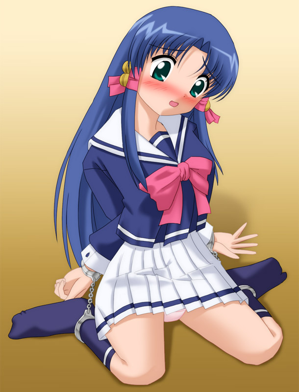kannazuki okuto, aoba kozue, mahoraba, 00s, 1girl, bdsm, blue hair, blush, bondage, bound, bow, cuffs, female focus, full body, gradient background, green eyes, handcuffs, kneeling, long hair, no shoes, open mouth, panties, pink bow, pink panties, school uniform, serafuku, socks, solo, surprised, underwear, wrists to ankles