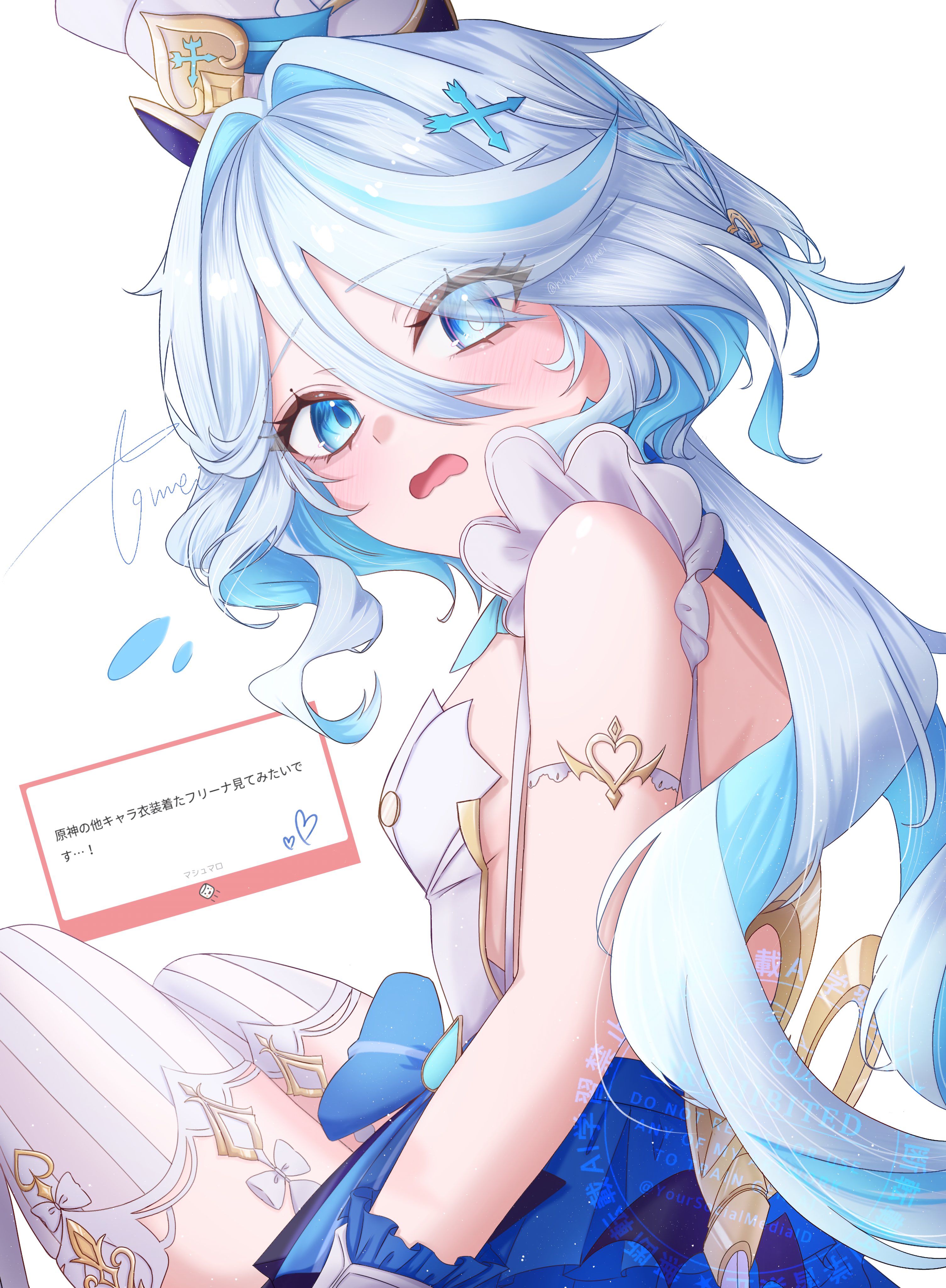 li lll il, escoffier (genshin impact), furina (genshin impact), genshin impact, absurdres, commentary request, highres, translation request, 1girl, blue bow, blue eyes, blue gemstone, blue pupils, blue streaks, blush, bow, breasts, cosplay, drop-shaped pupils, escoffier (genshin impact) (cosplay), fork hair ornament, gem, hair between eyes, hat, heterochromia, long hair, looking at viewer, looking back, medium breasts, multicolored hair, open mouth, signature, simple background, sitting, solo, streaked hair, symbol-shaped pupils, teardrop-shaped gem, thighhighs, very long hair, white background, white hair, white hat, white thighhighs