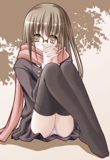 brown hair, glasses, panties, scarf, school uniform, serafuku, sitting, underwear, upskirt