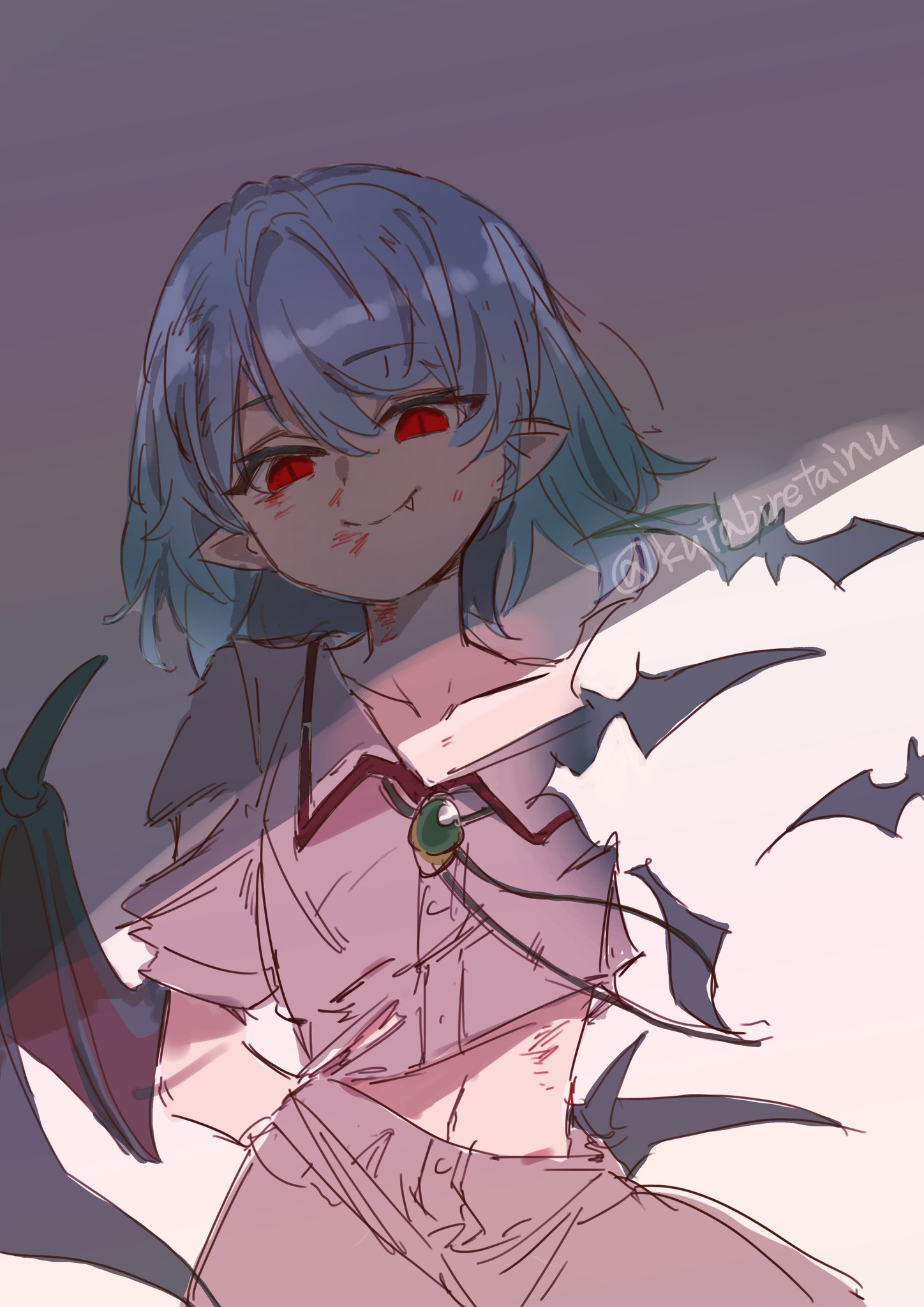 kutabiretainu, remilia scarlet, touhou, commentary, highres, 1girl, arm behind back, artist name, bat (animal), blood, blood on face, blue hair, bruise, half-closed eyes, head tilt, injury, looking at viewer, missing limb, navel, no headwear, pink shirt, pink skirt, pointy ears, red eyes, shirt, skirt, skirt set, smile, smug, solo, torn clothes, torn shirt, transformation, vampire