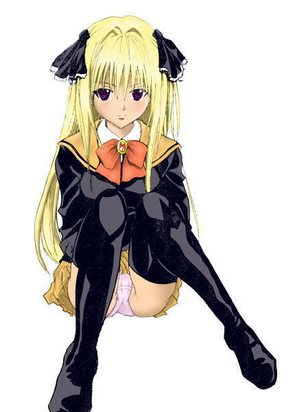 eve, 1girl, black thighhighs, blonde hair, blush, bow, breasts, brown eyes, female focus, hair ornament, long hair, long sleeves, looking at viewer, miniskirt, panties, pantyshot, pink panties, pleated skirt, red bow, school uniform, serafuku, simple background, sitting, skirt, solo, thighhighs, underwear, white background, yellow skirt